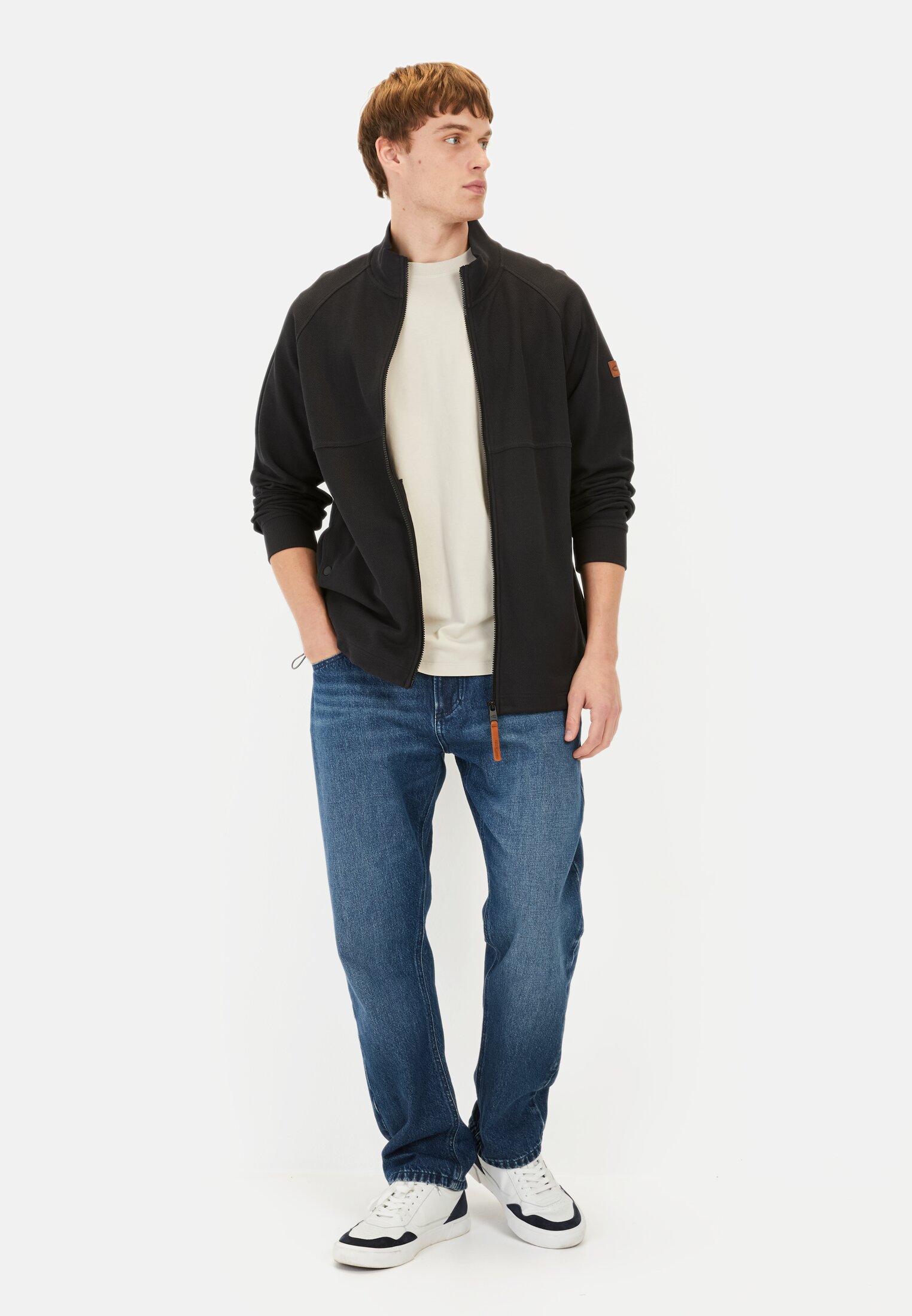 Men Sweat jacket with stand-up collar Black worn front full body