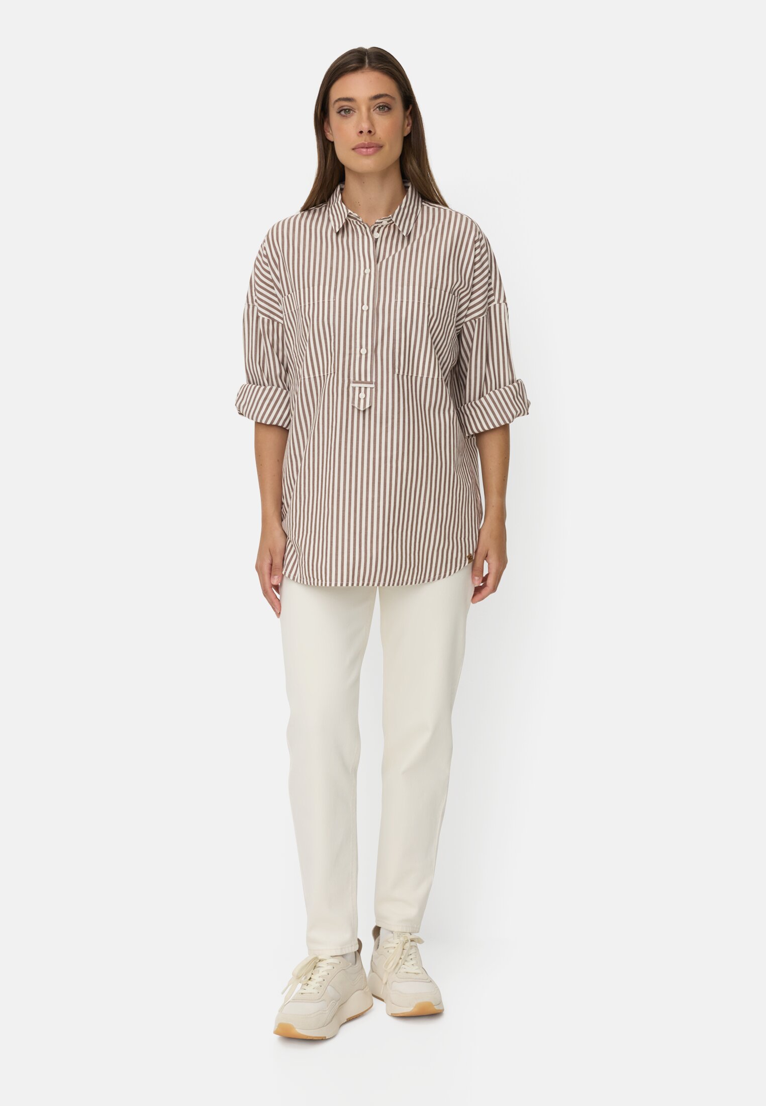 Women Cotton blouse with button placket Brown worn front full body