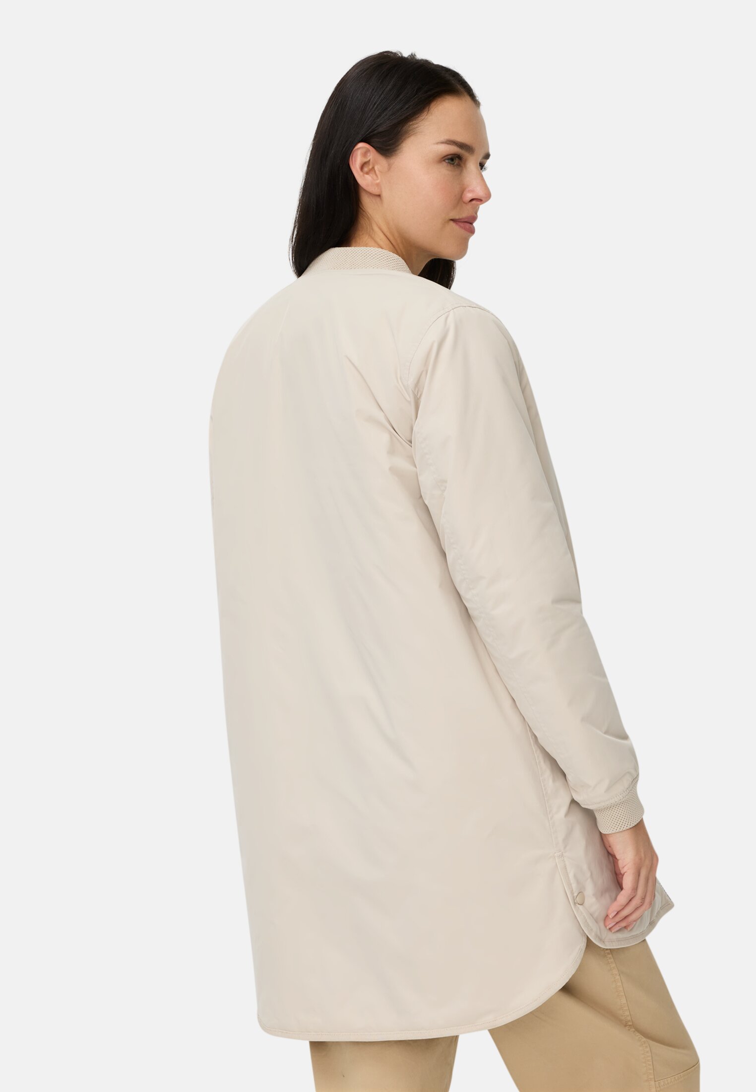 Women Water-repellent coat with adjustable hood and stand-up collar Oak worn back