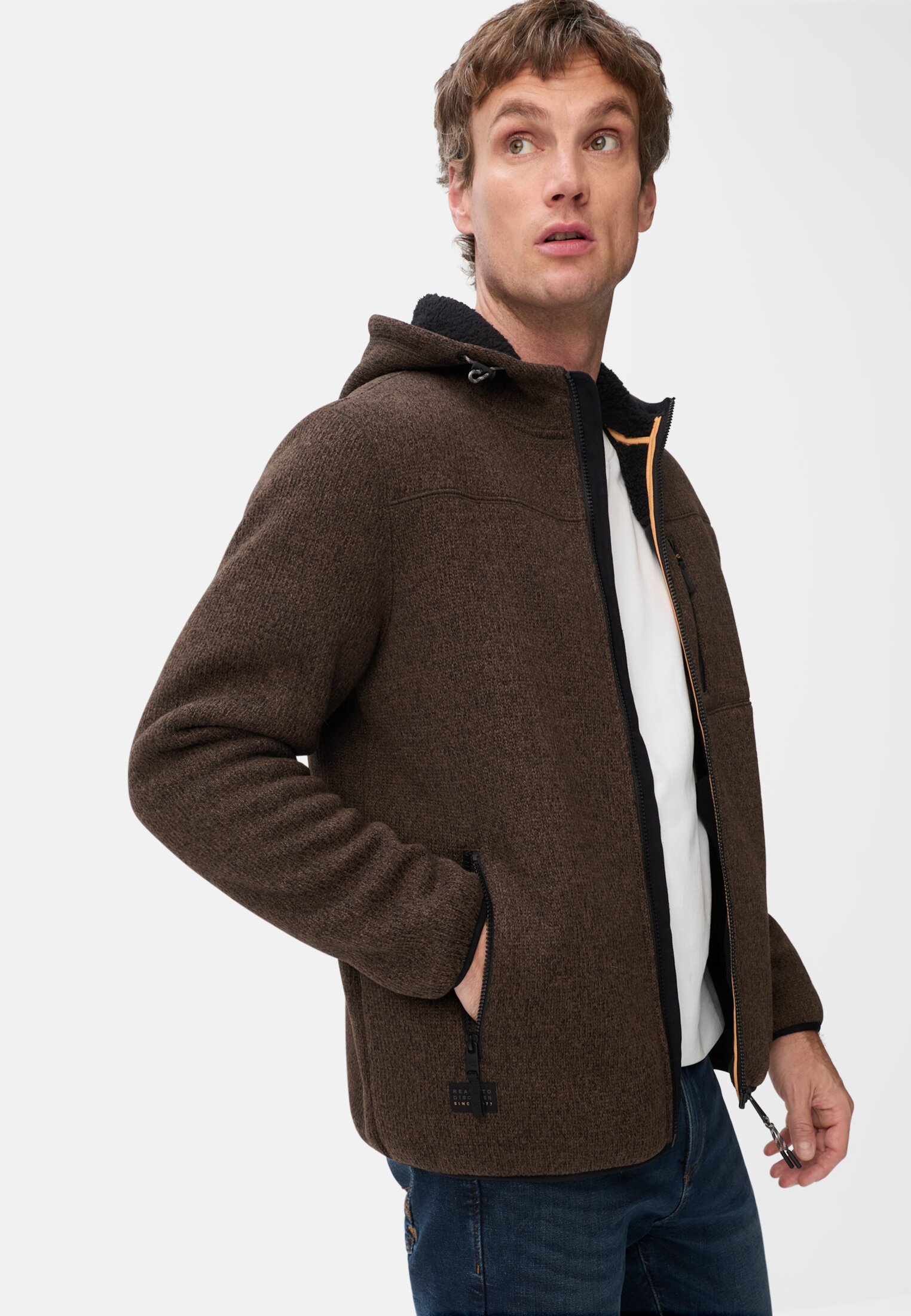 Men Fleece jacket with teddy lining Sepia brown worn emotional