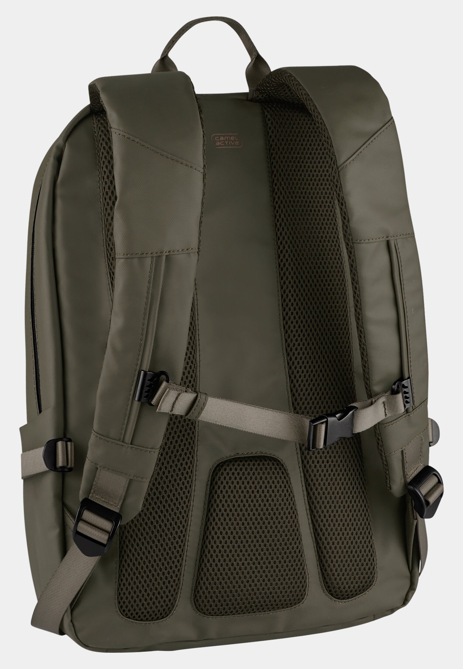 MI_010344-0000-35_2G-00 Men EXPLORE backpack made from recycled nylon Khaki frontal back