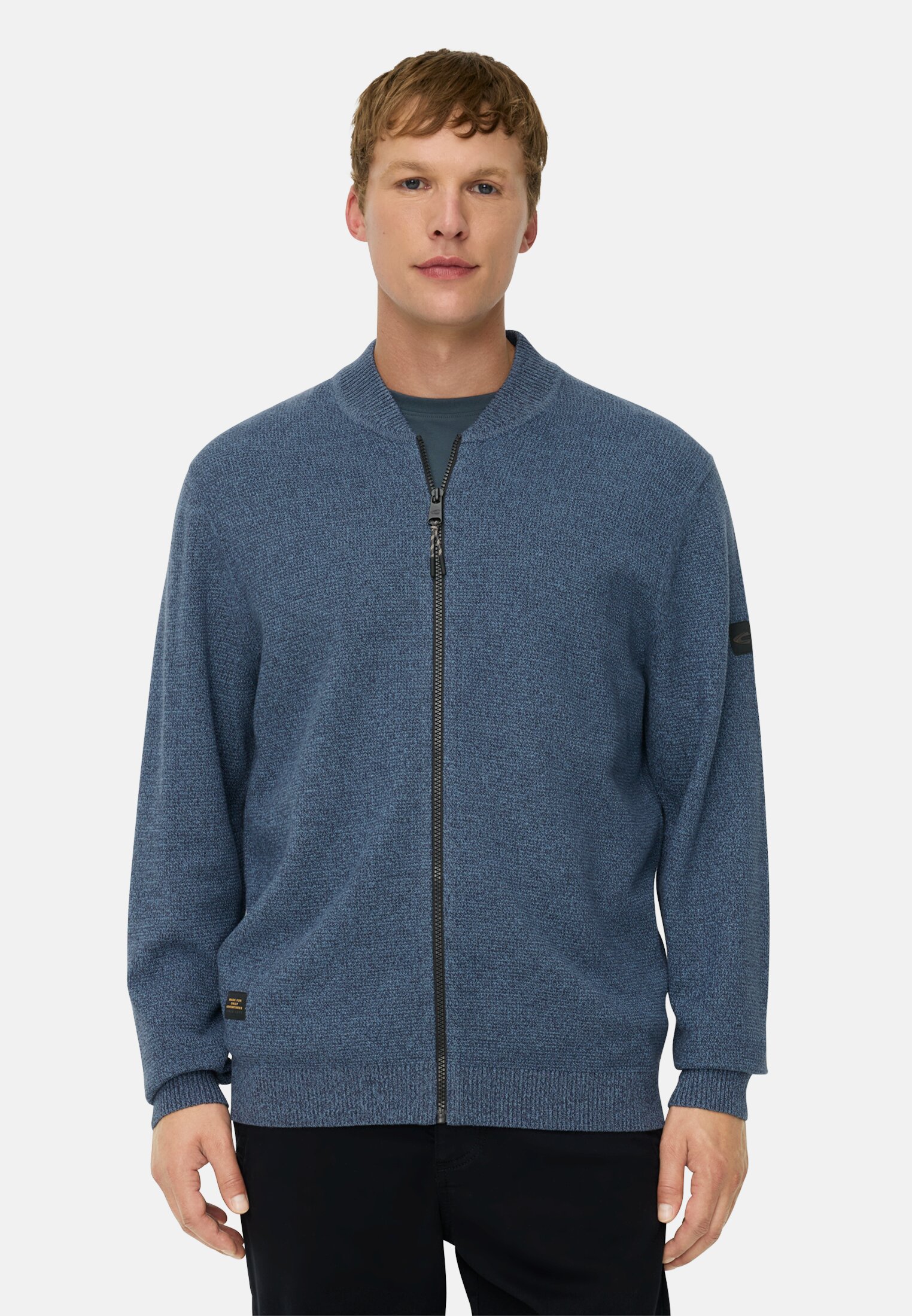 Men Cardigan with bomber collar Ink blue worn front