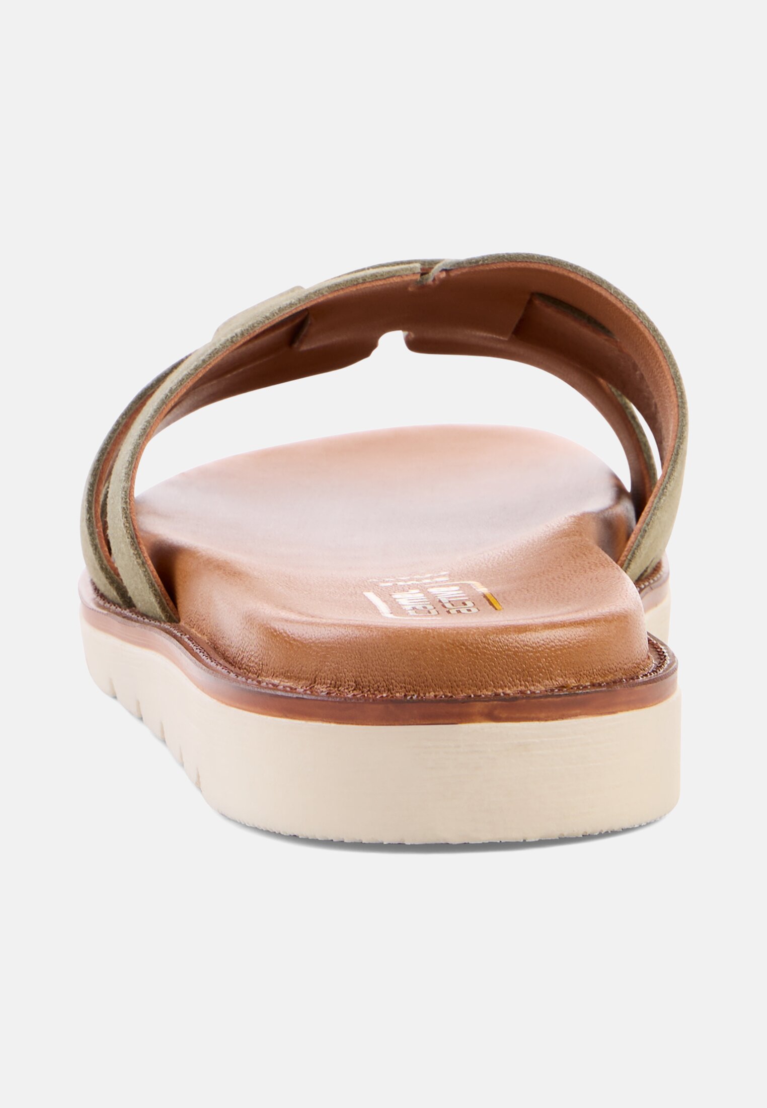 Damen Pantolette mit gepolstertem Lederfußbett Khaki vorne nah