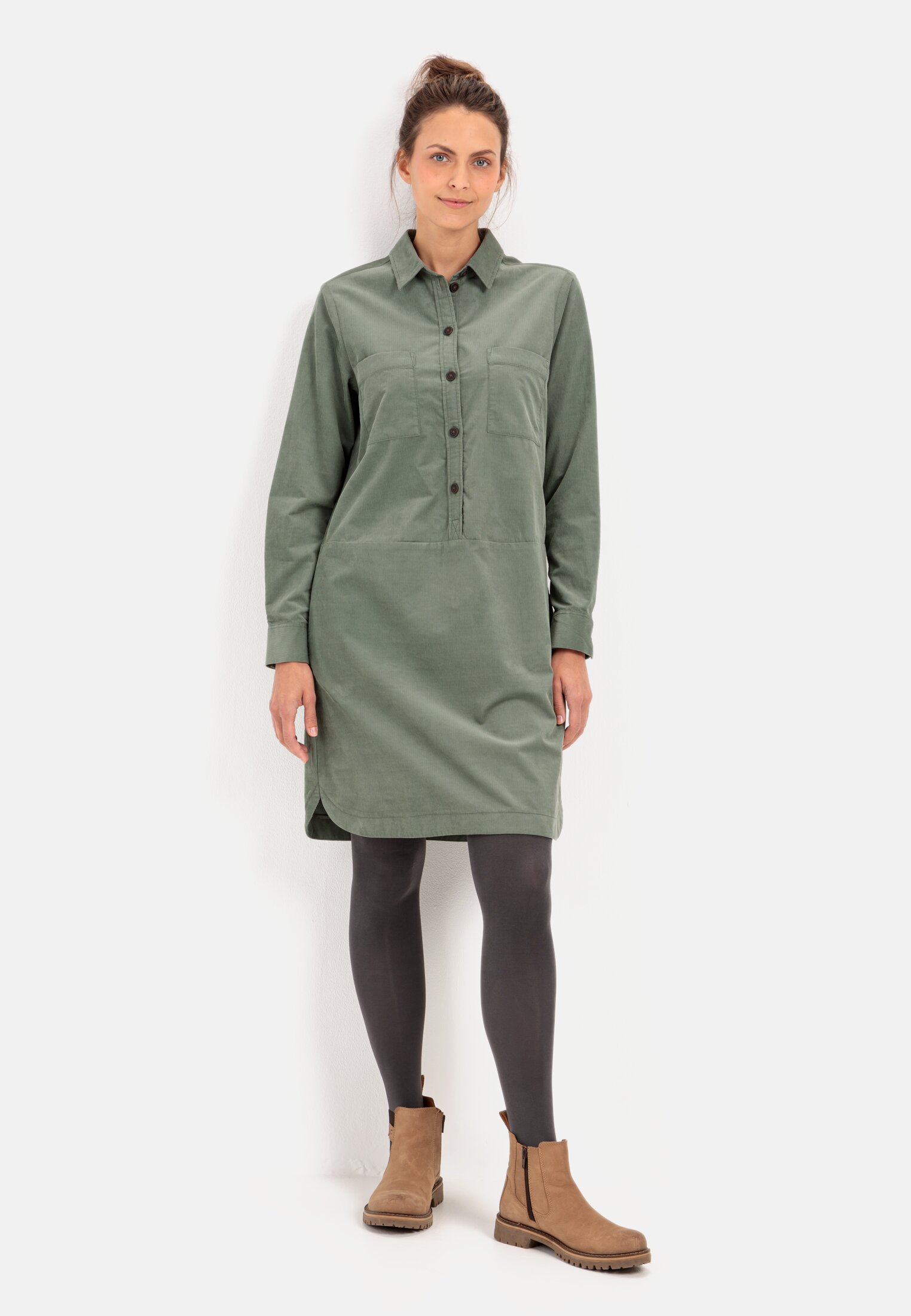 Damen Hemdblusenkleid mit langen Ärmeln Kahki getragen vorn