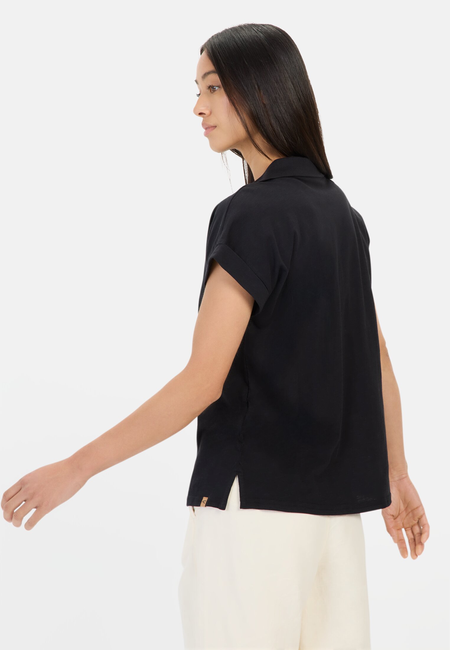 Damen Kurzarmshirt mit Polokragen Schwarz getragen hinten