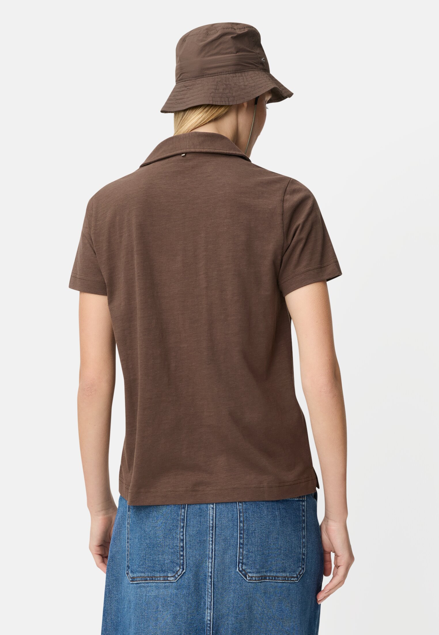 Women Polo shirt with button placket Brown worn back