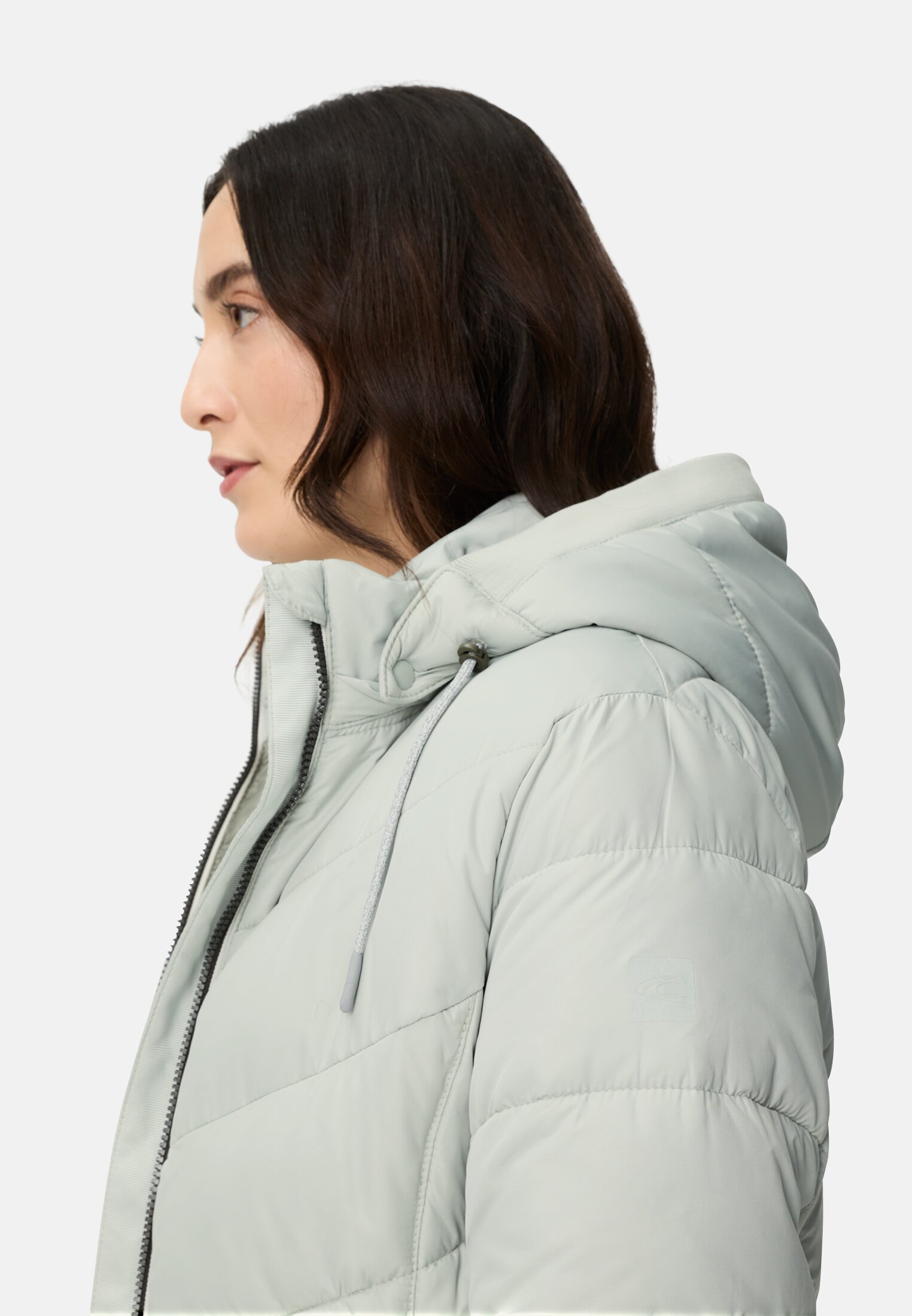 Women Padded jacket with detachable hood Sage worn detail close
