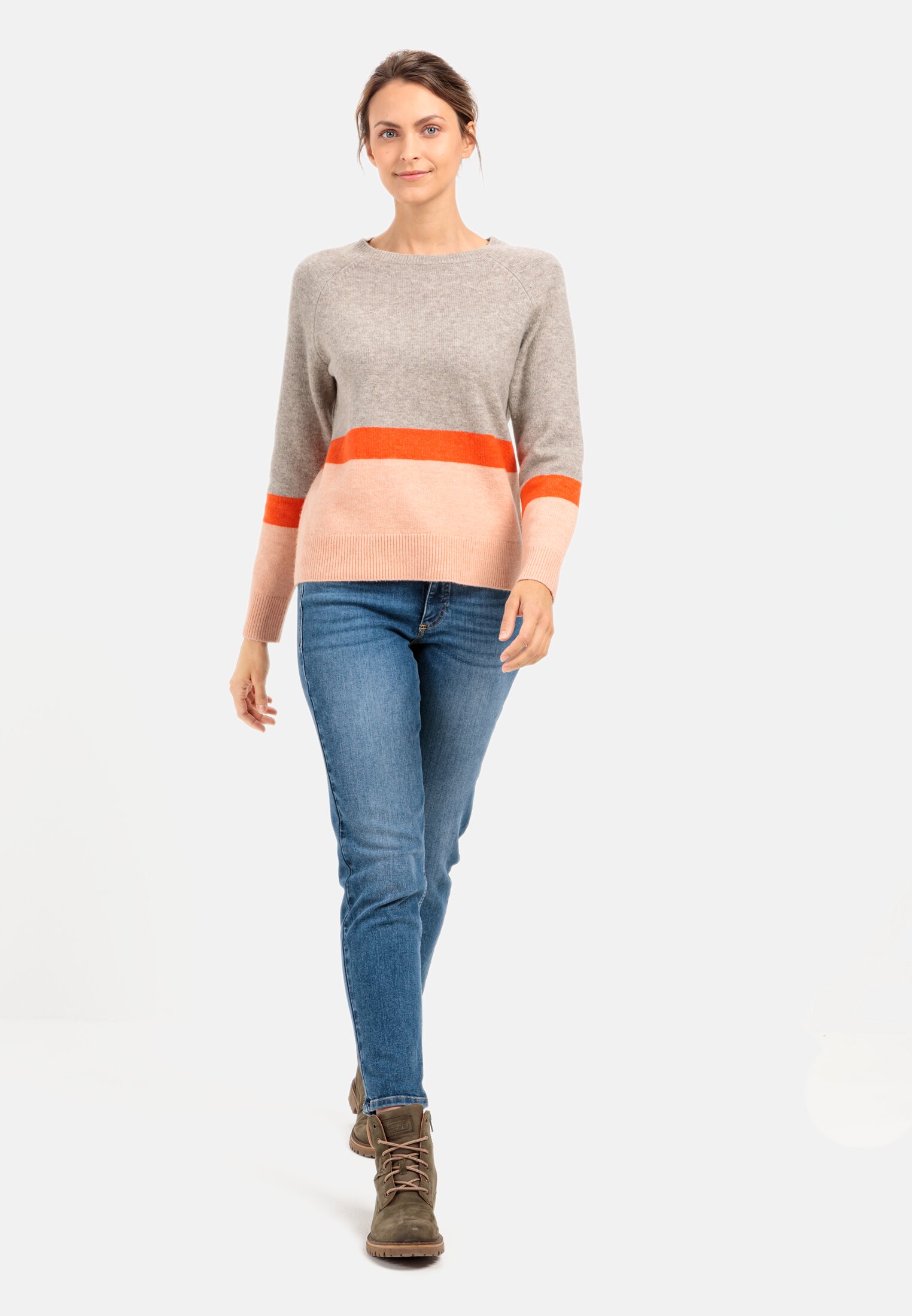 Women Knitted jumper in colour block stripes Rose Grey worn front full body
