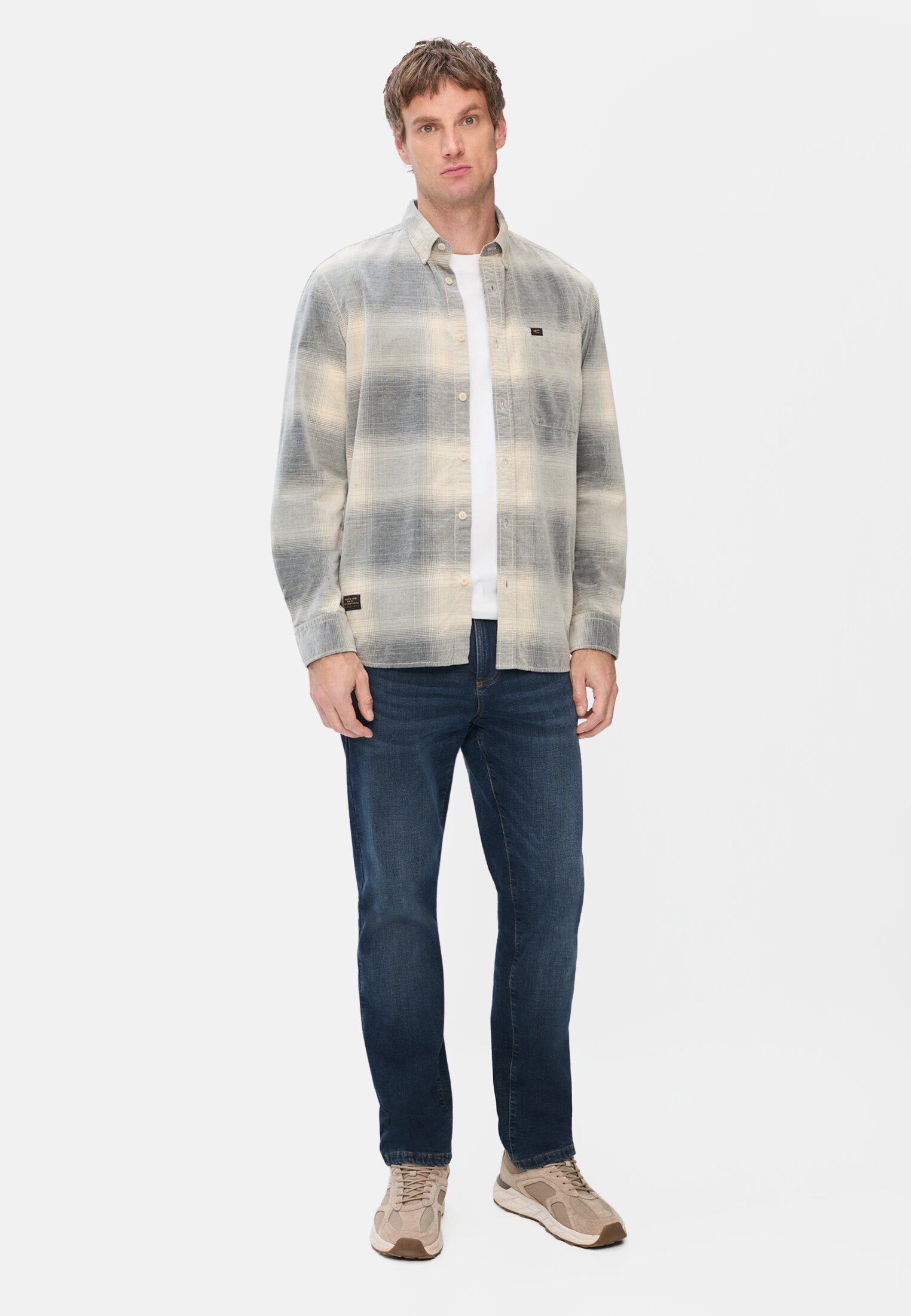 Men Soft corduroy shirt made from 100% cotton Navy blue worn front full body