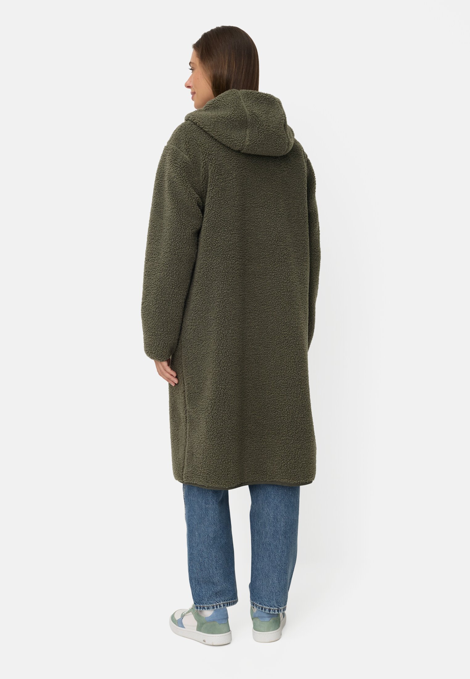 Women Teddy coat with 2-way zipper Dark Green worn back
