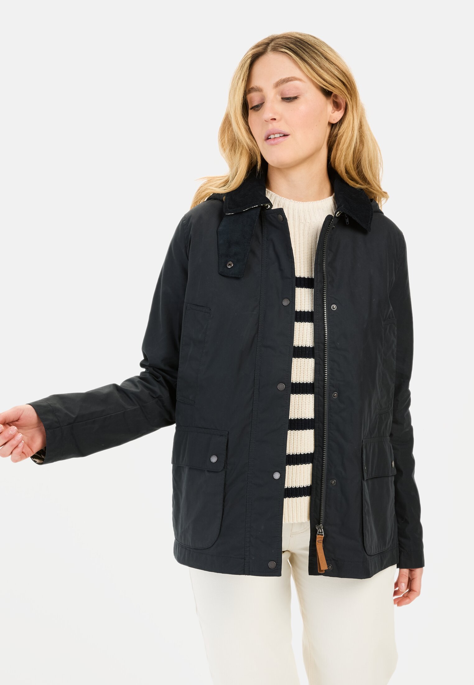Women Field jacket with corduroy collar Navy Blue worn front