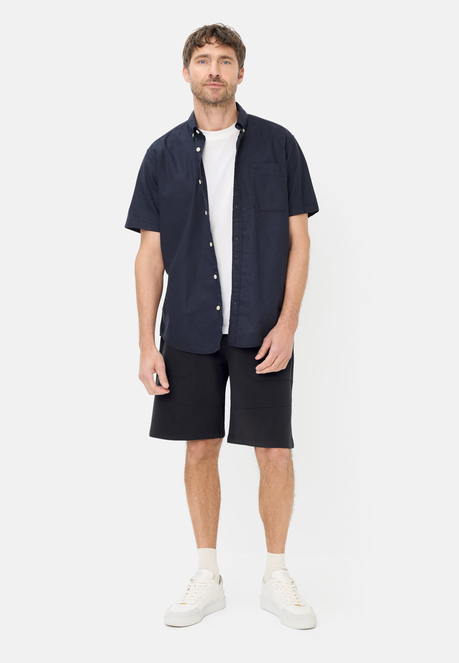 Men fleXXXactive® Bermuda shorts with drawstring Dark Blue worn front full body