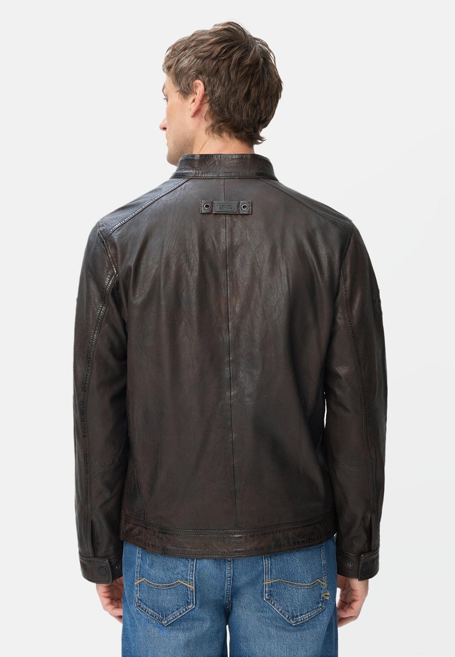 Herren Gefütterte Lederjacke mit zwei Innentaschen Dunkelbraun getragen hinten