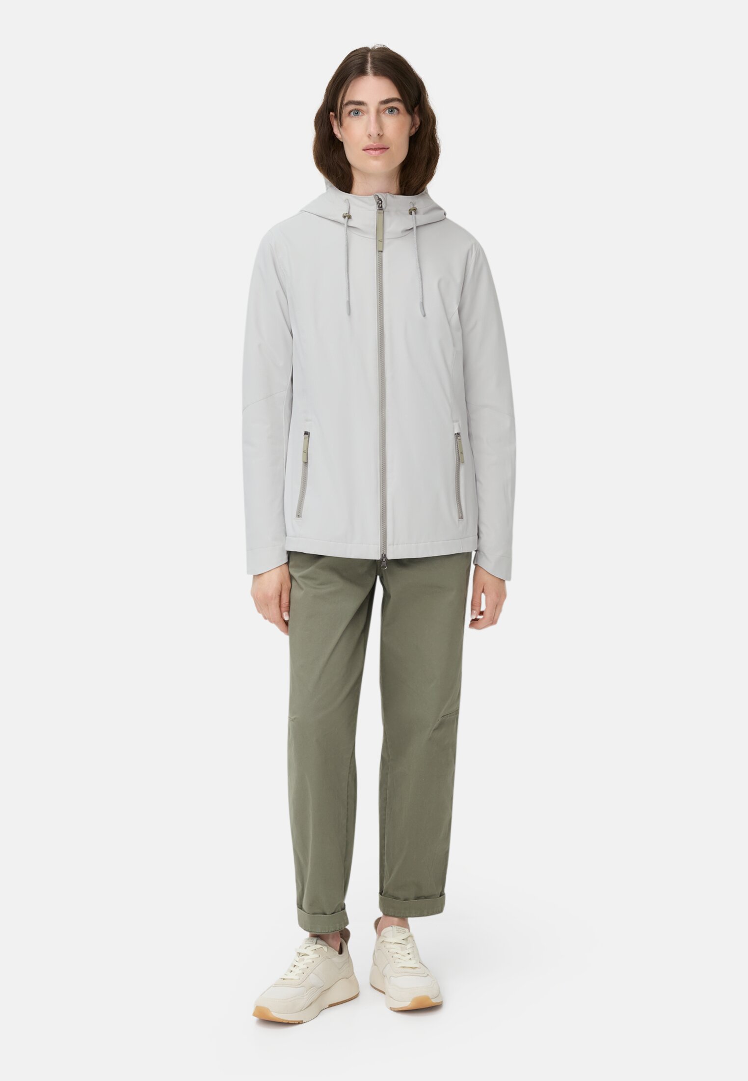 Women Functional jacket with adjustable hood Silver worn front full body