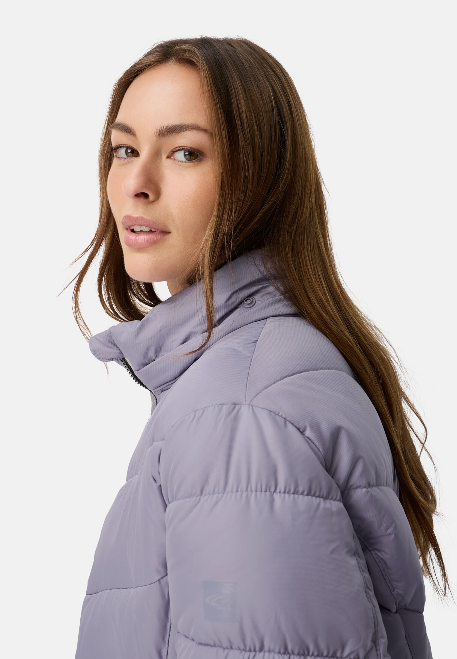 Women Padded jacket with detachable hood Purple worn detail close