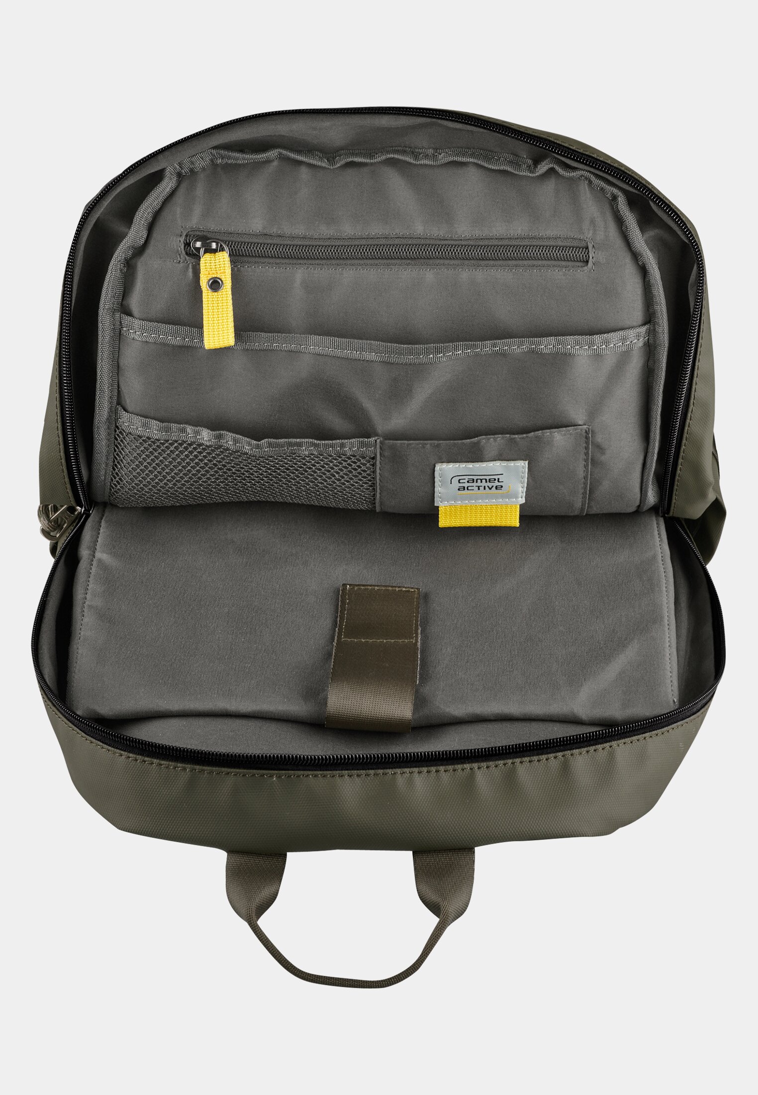 MI_010344-0000-35_3G-00 Men EXPLORE backpack made from recycled nylon Khaki front close