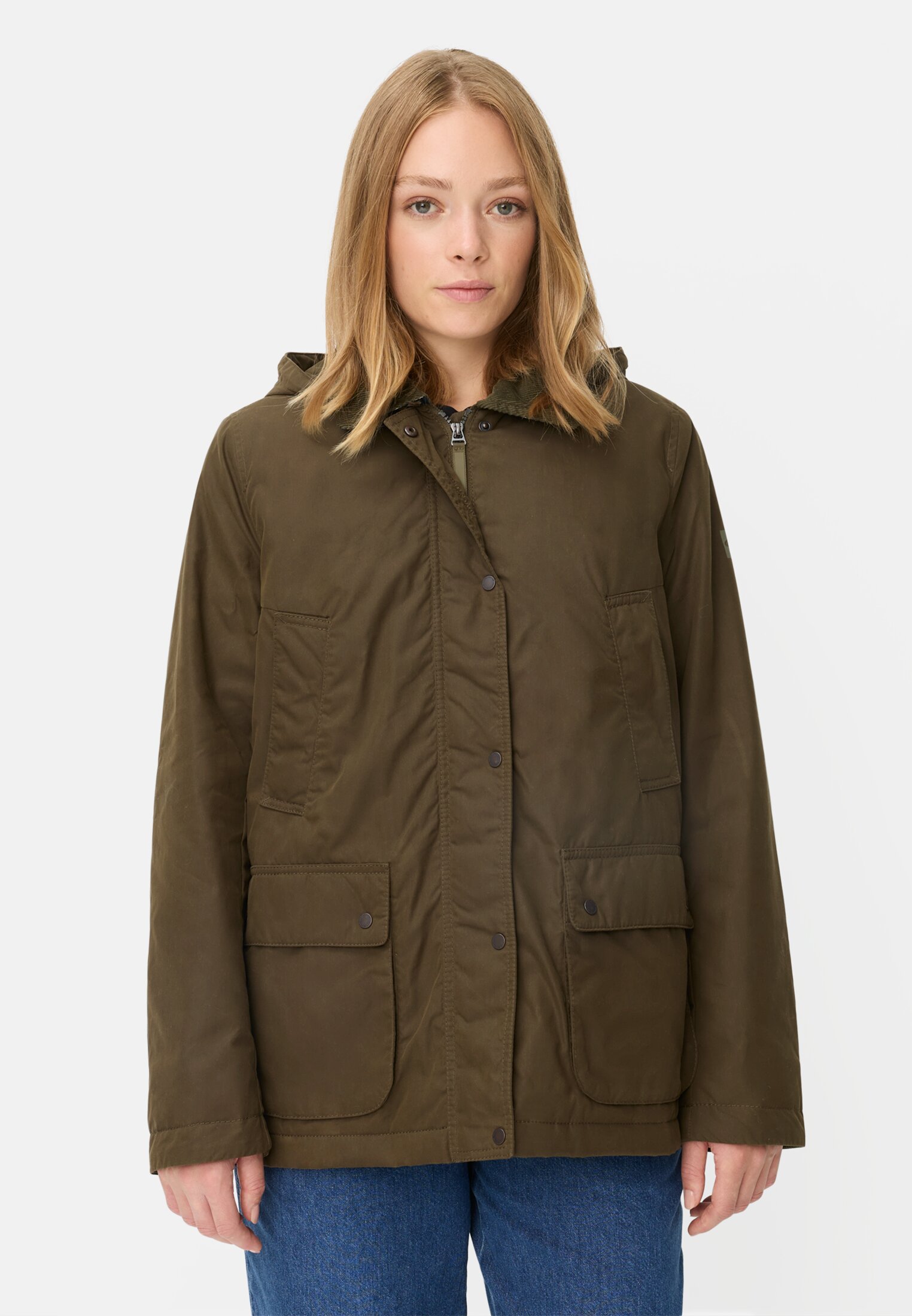 Vrouwen Outdoor Jack met afneembare capuchon en cordkraag Donker Khaki gedragen voor