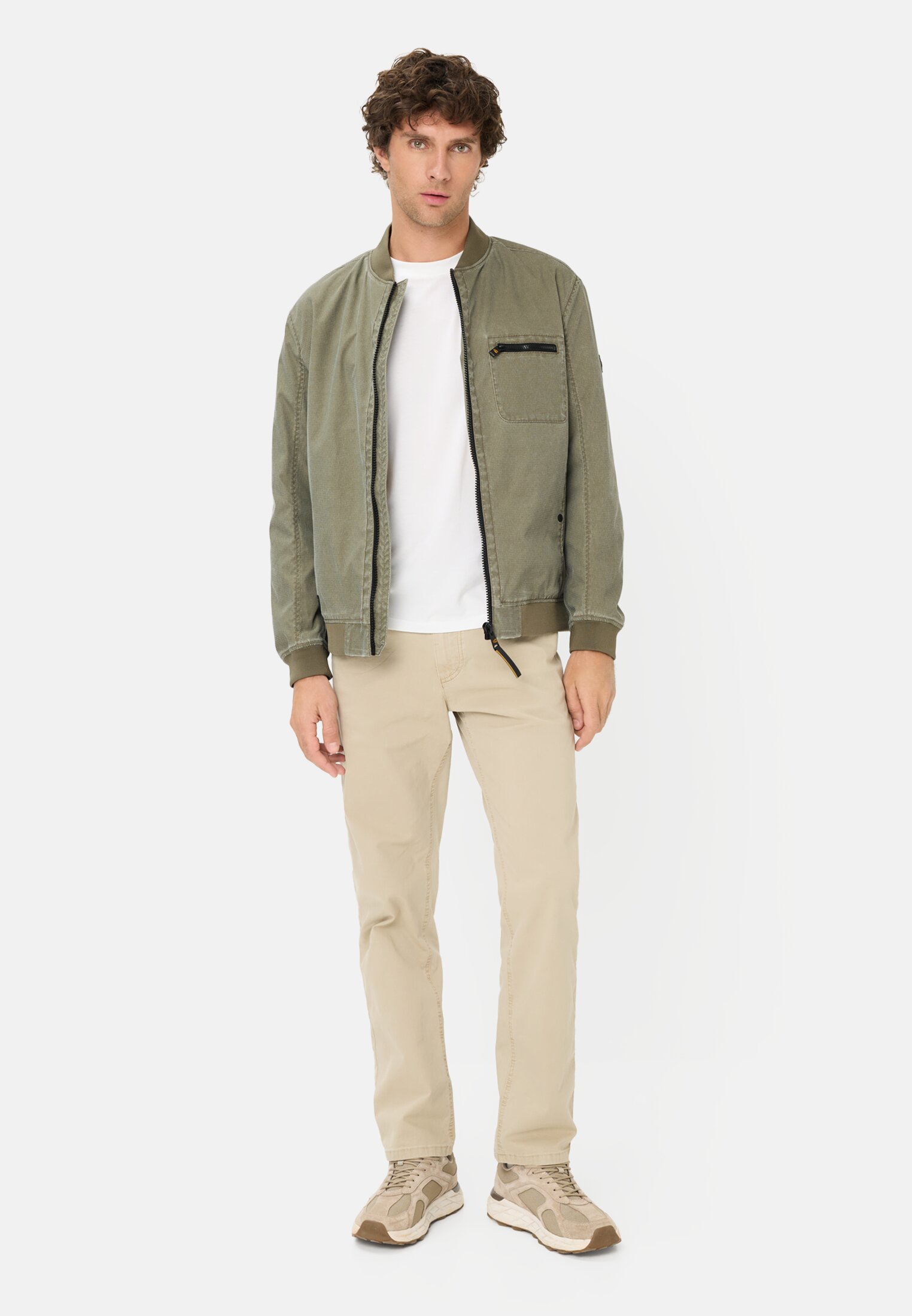 Men Blouson with bomber collar made from ribstop Olive Green worn front full body