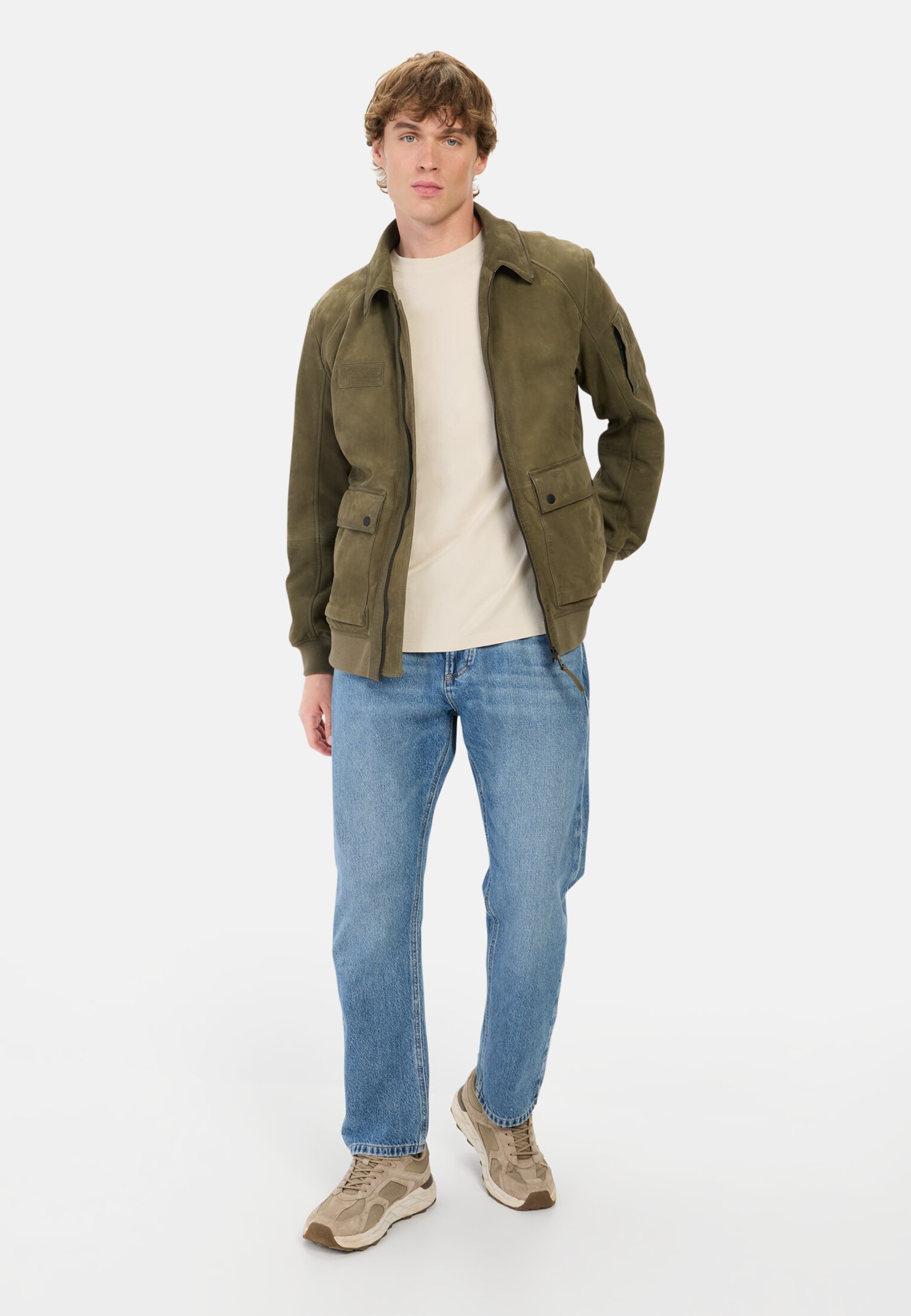 Men Leather blouson with shirt collar Dark Green worn front full body
