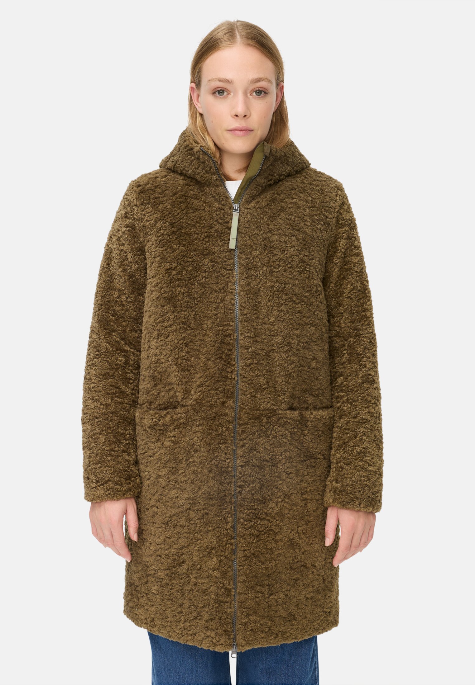 Damen Teddy Mantel mit Kapuze Dunkelkhaki getragen vorn