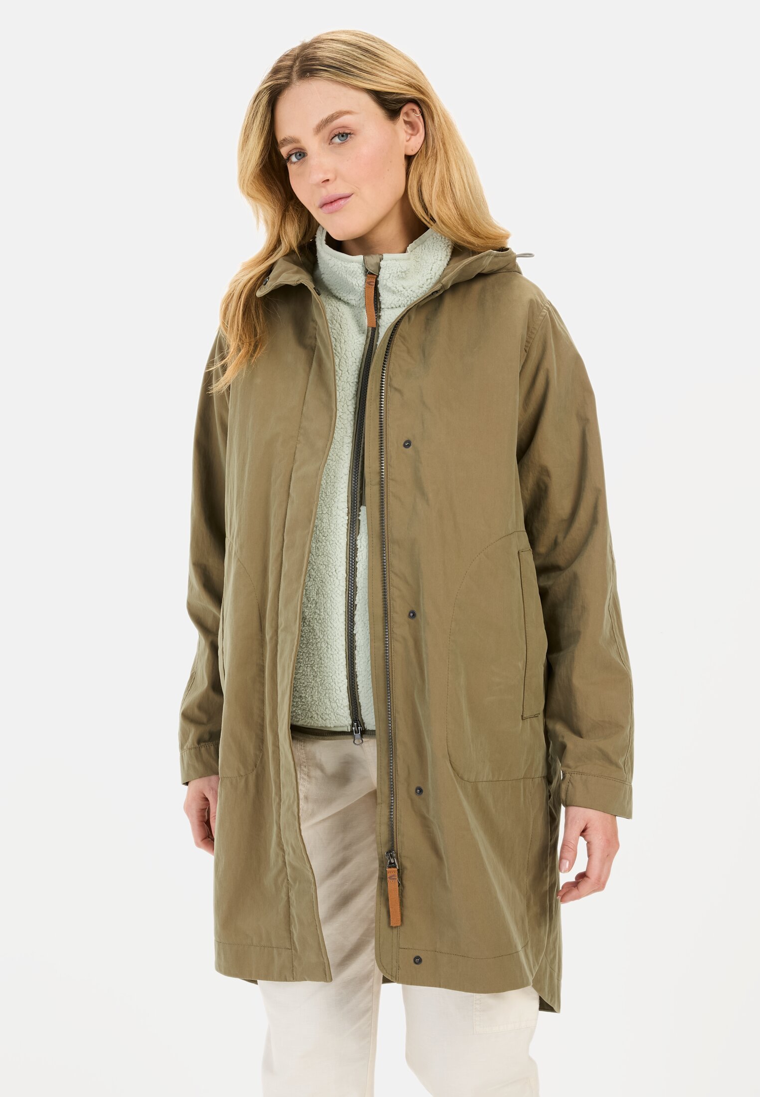 Women Long parka with adjustable waist Khaki worn front