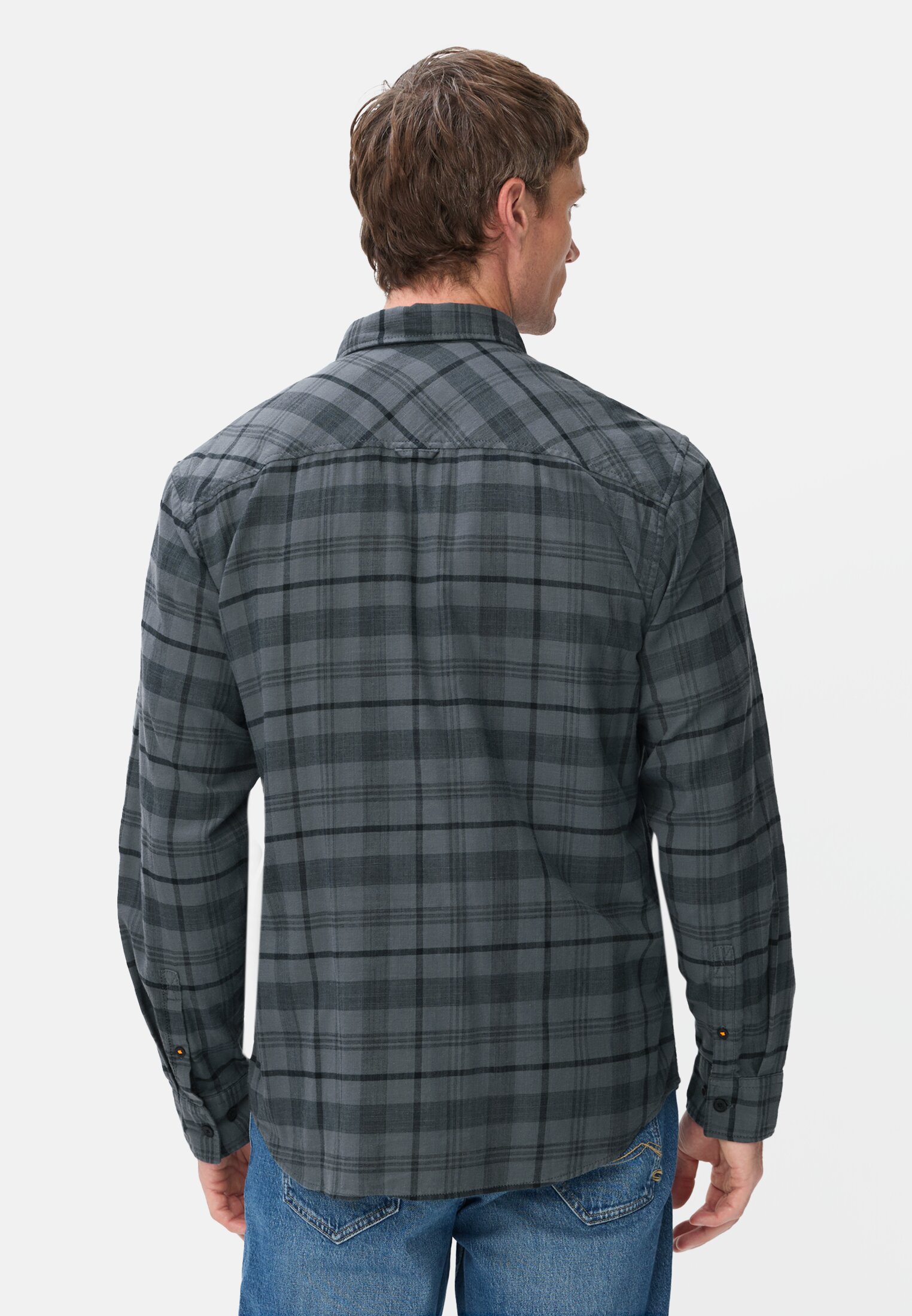 Men Long-sleeve shirt with chest pocket Dark Blue-Yellow worn back