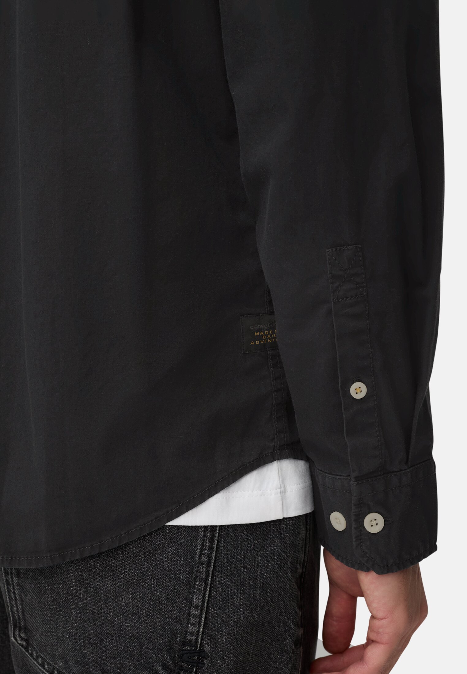Men Long-sleeve shirt with button-down collar Black worn detail close