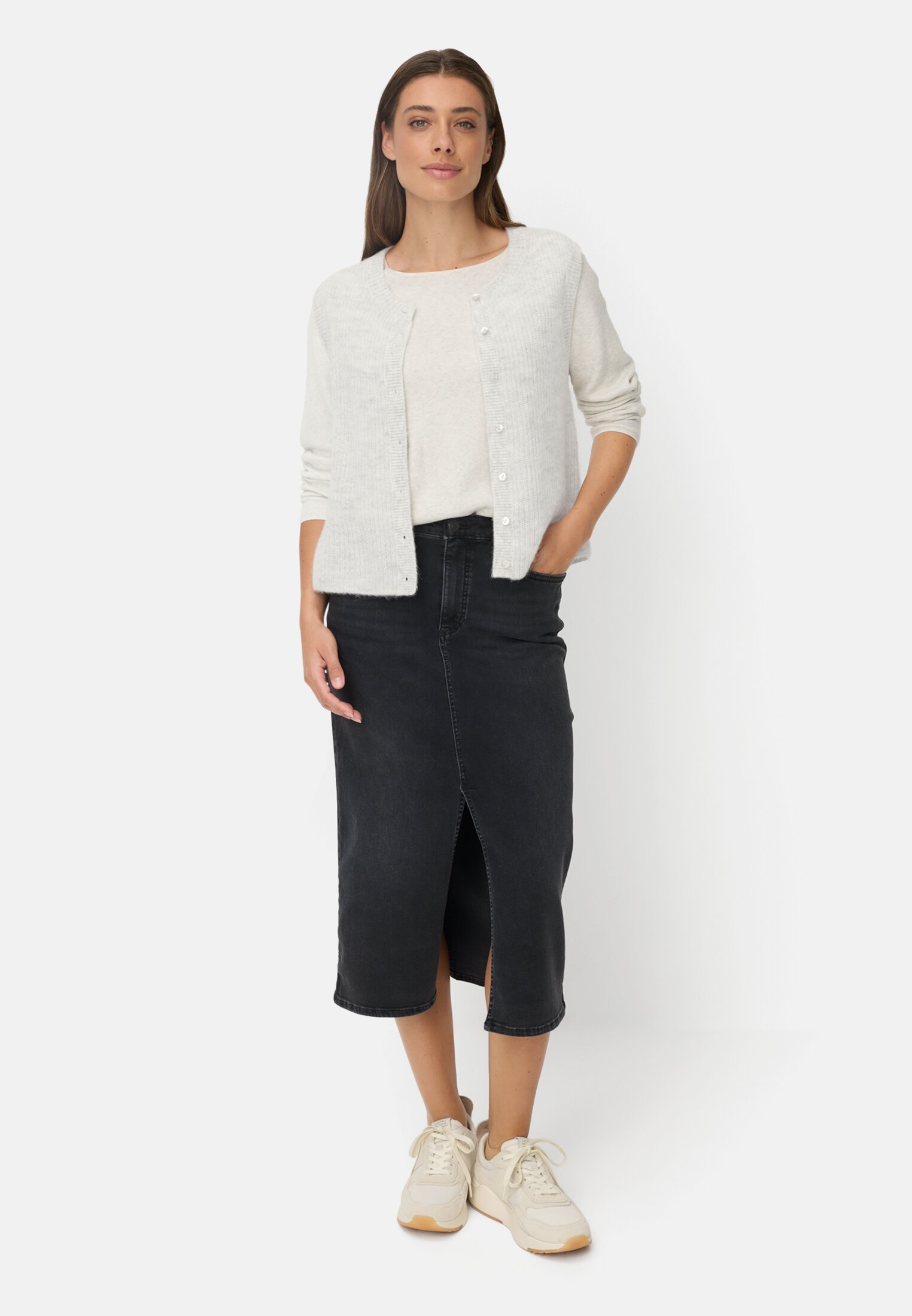 Women Knitted vest with button placket Grey worn front full body
