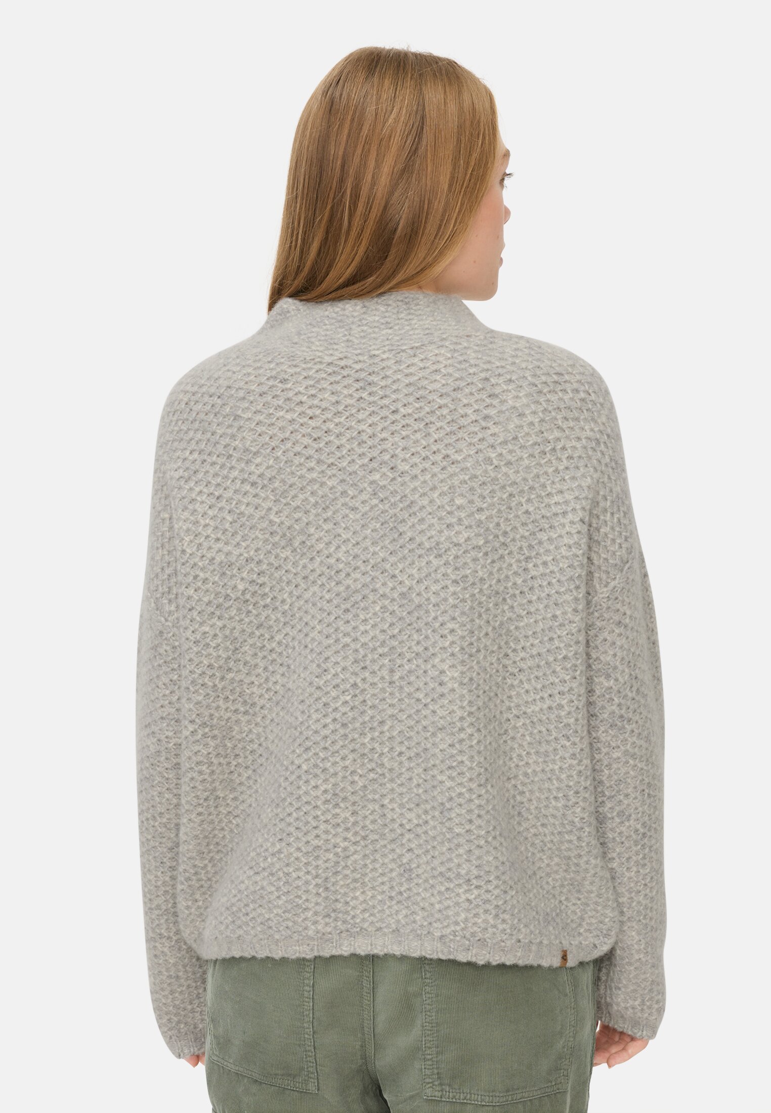 Women Knitted sweater with stand-up collar Gray worn back