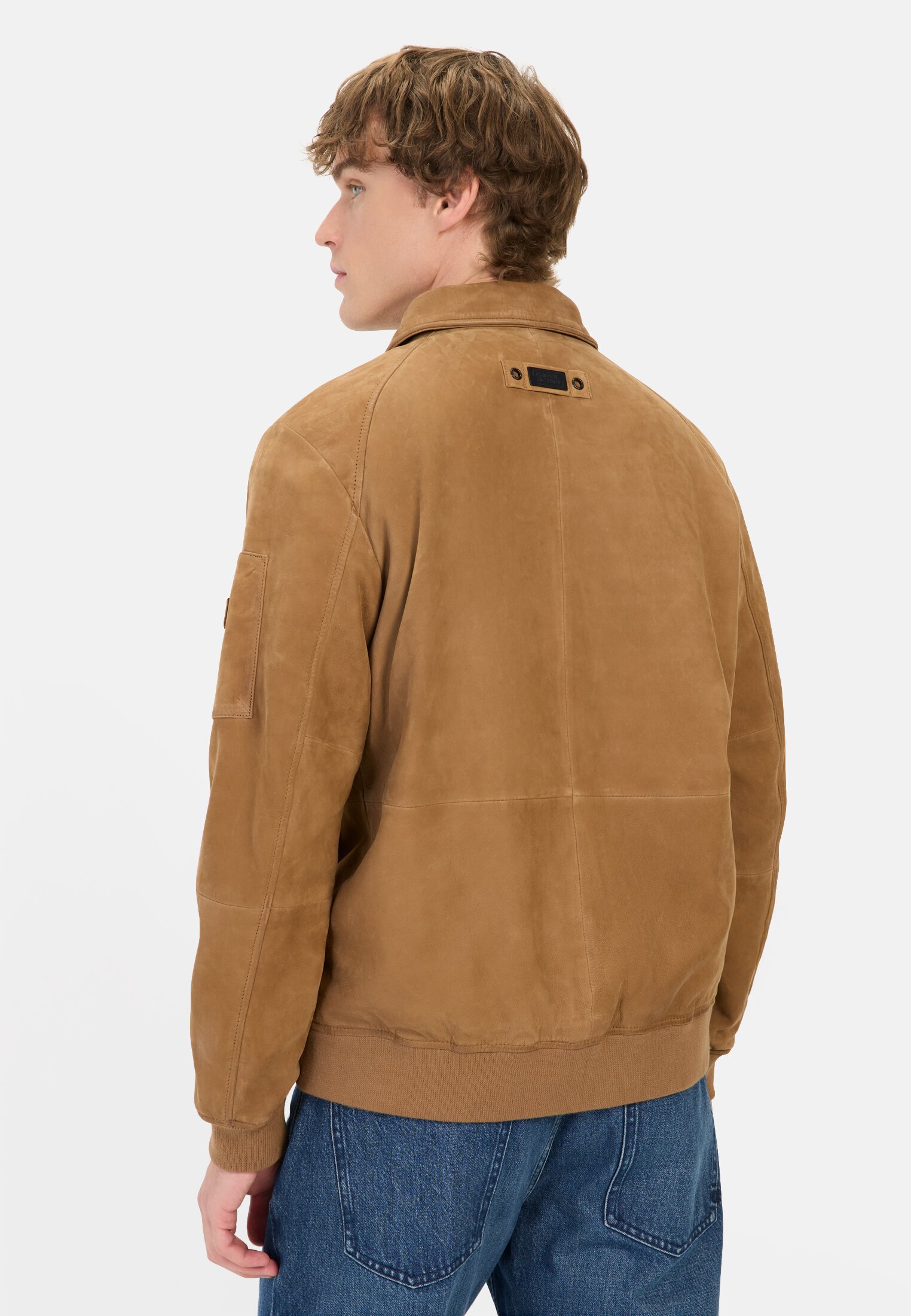 Herren Leder Blouson mit Hemdkragen Braun getragen hinten