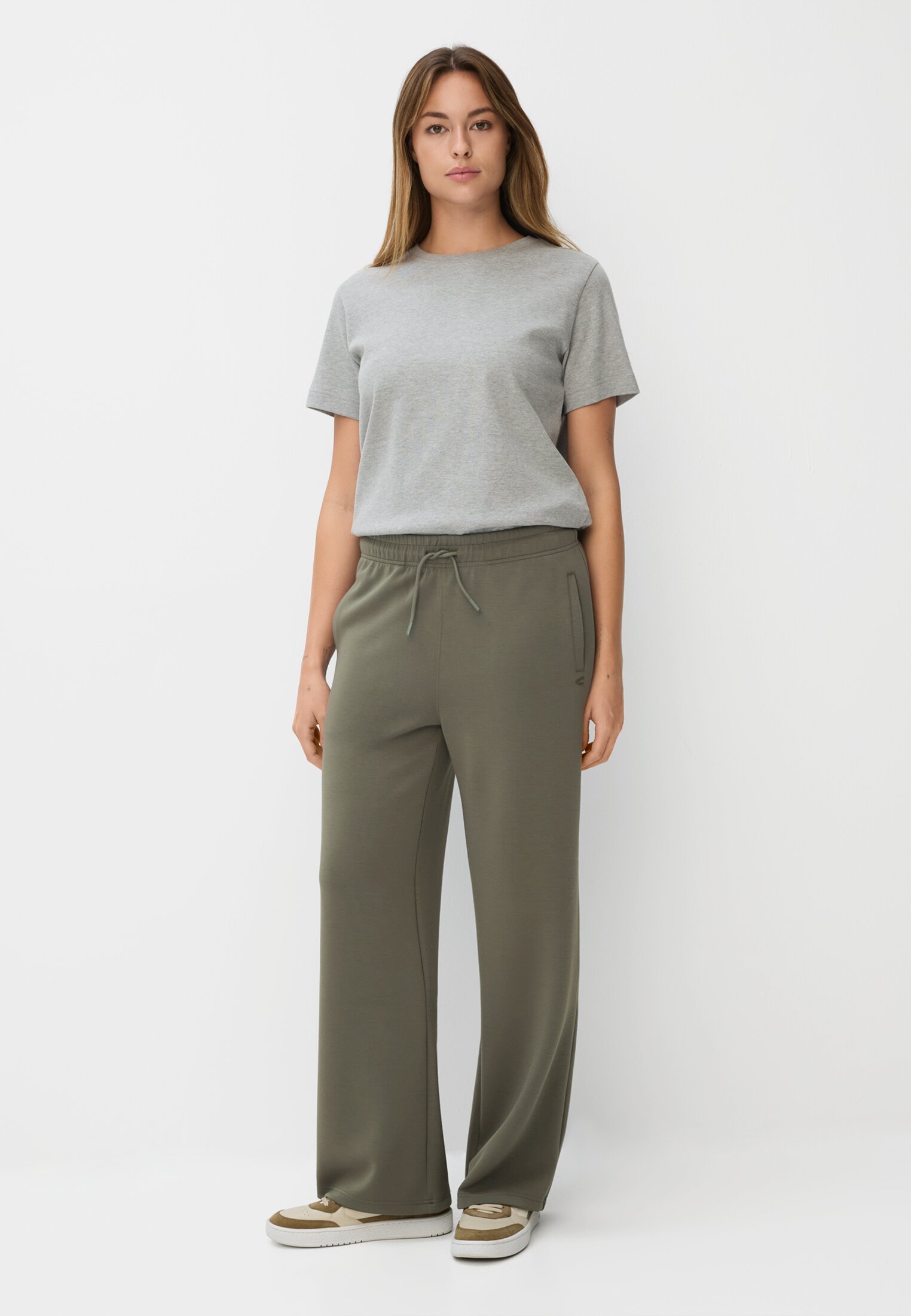 Women Casual trousers with adjustable waistband Dark Green worn front full body
