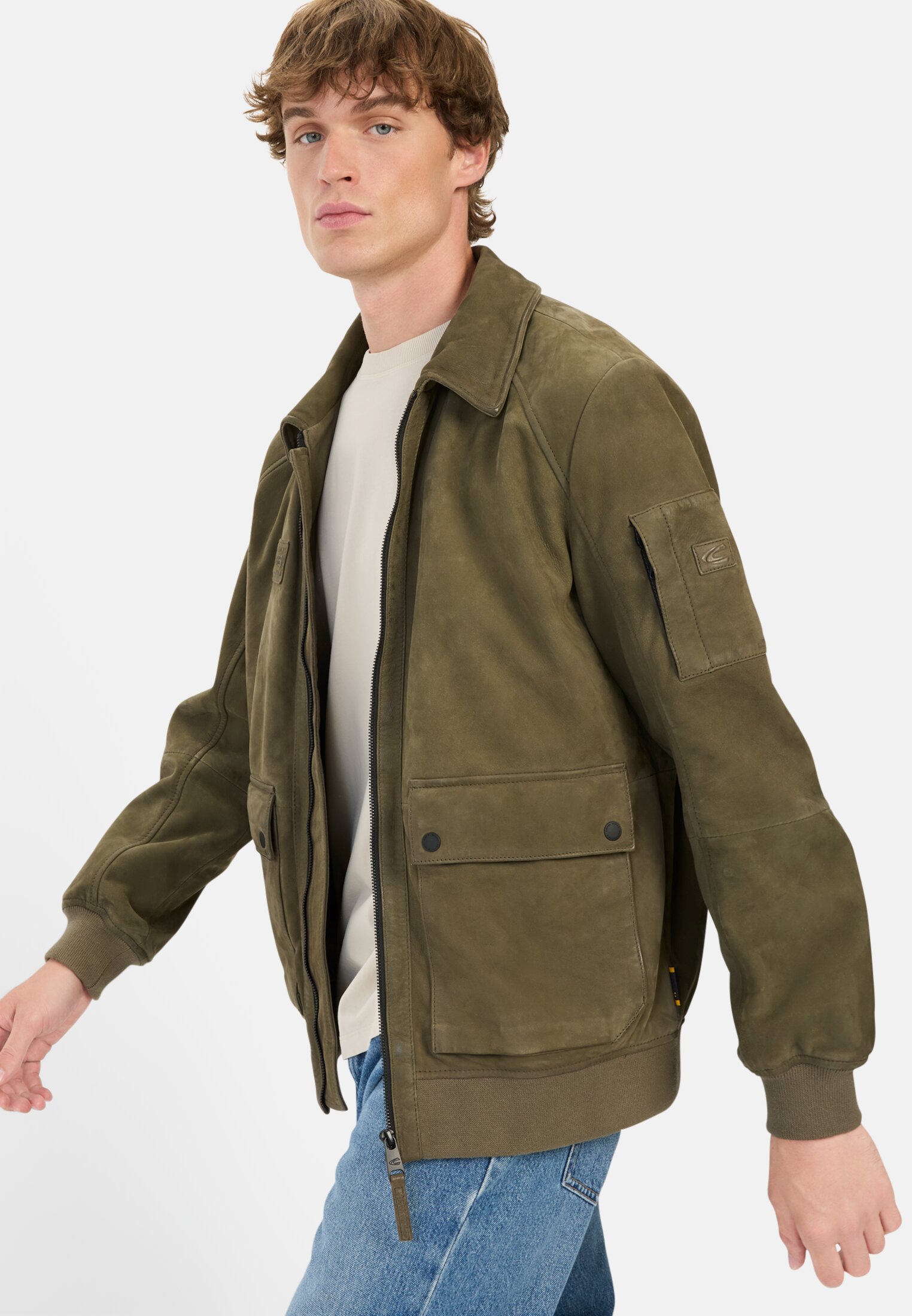 Men Leather blouson with shirt collar Dark Green worn emotional