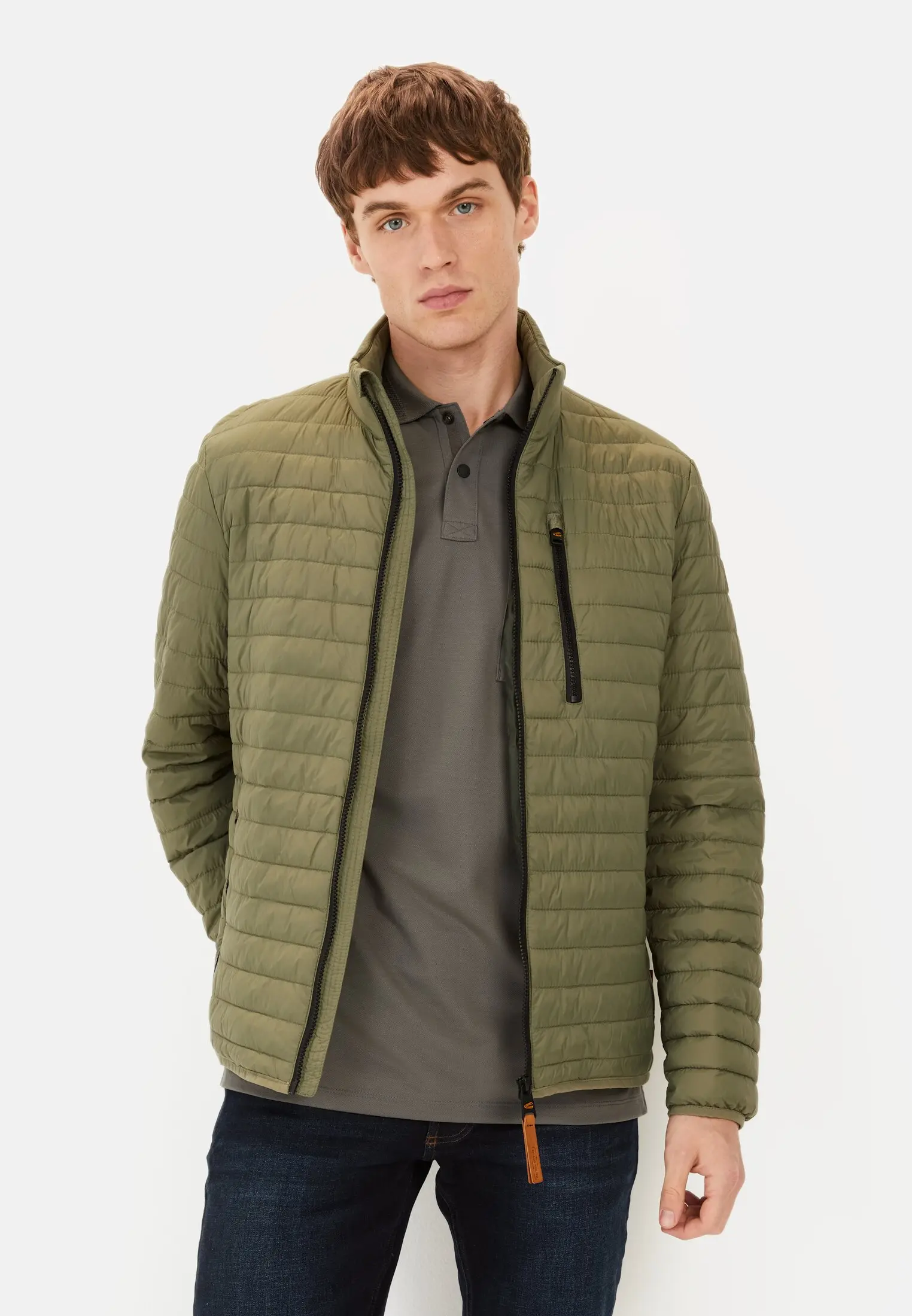 Men Quilted blouson with stand-up collar Dark Green worn front