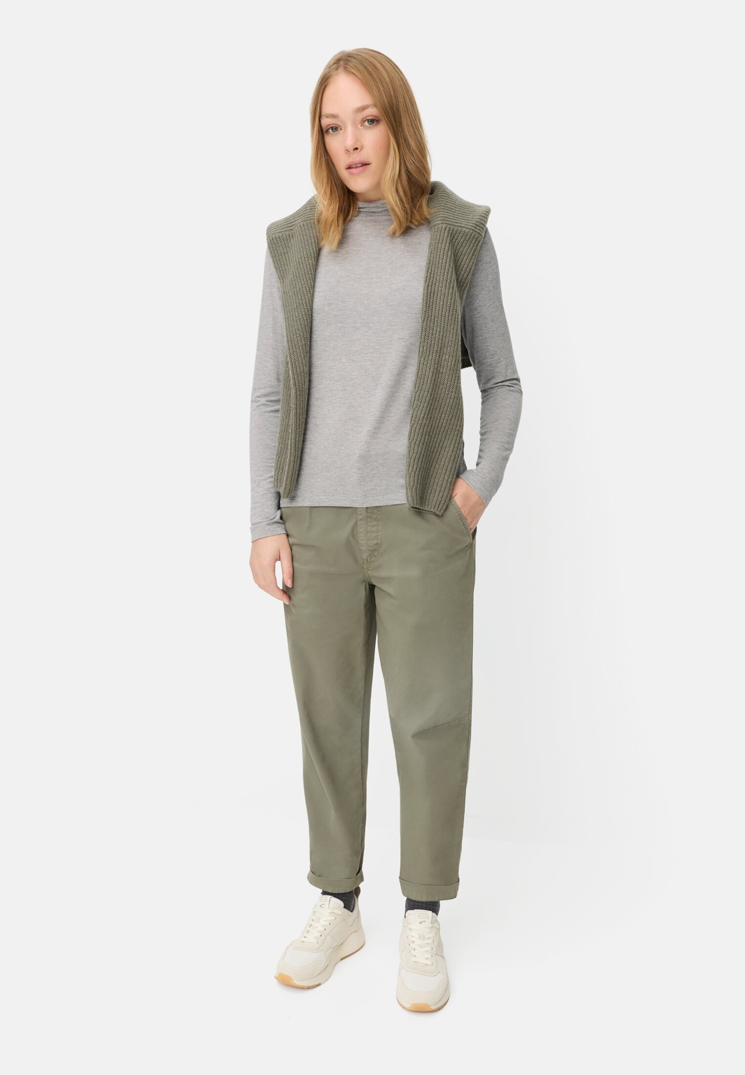 Women Long-sleeved shirt with stand-up collar Gray worn front full body