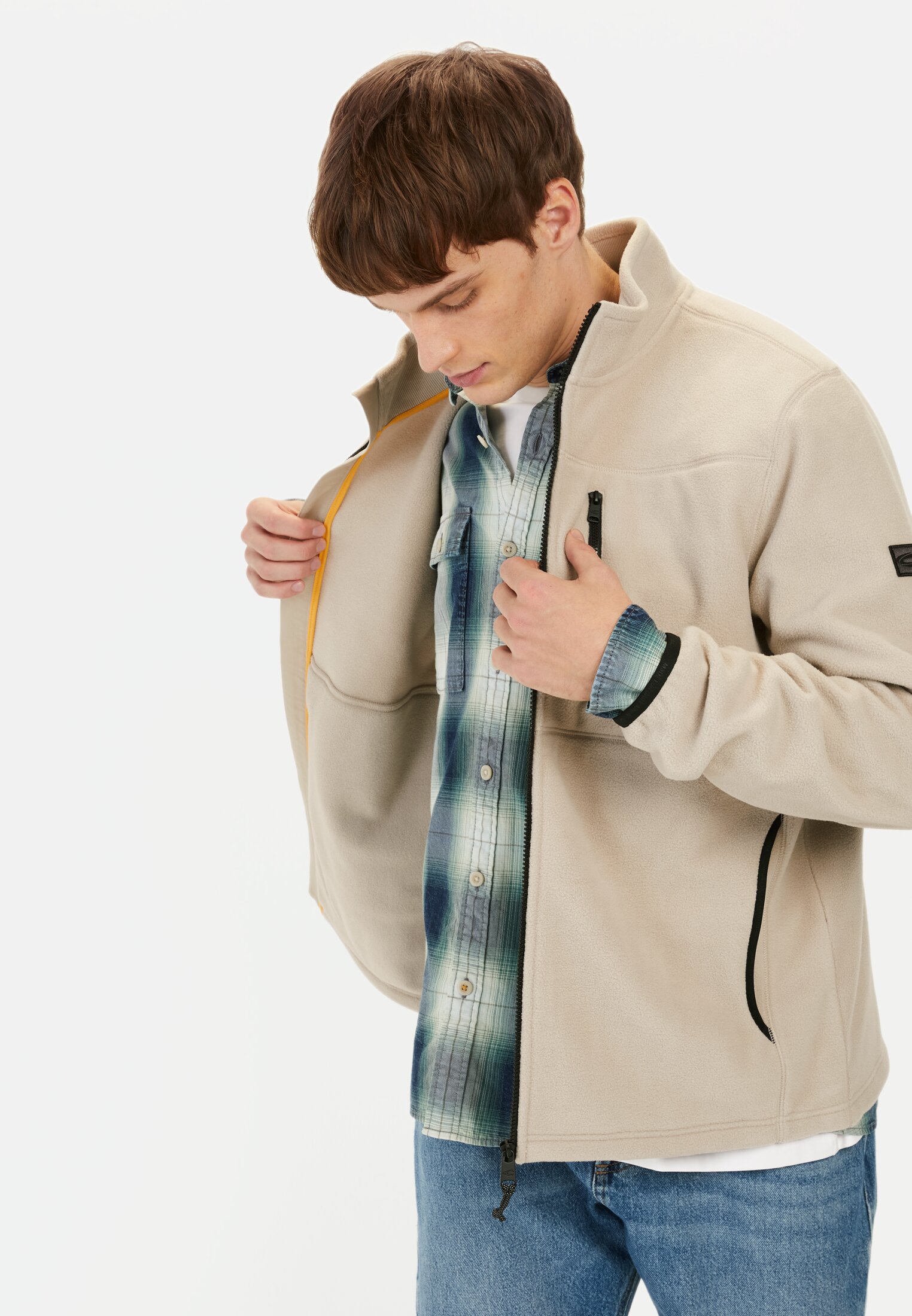 Men Fleece jacket with stand-up collar Beige worn emotional