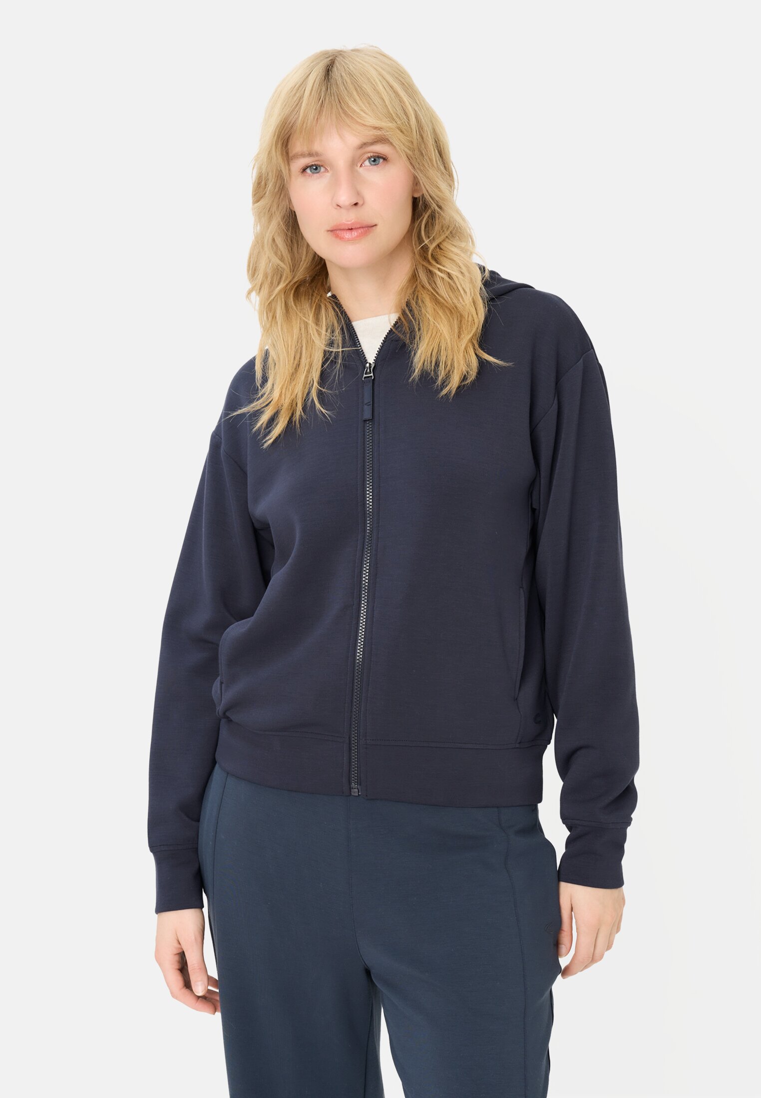 Women Sweat jacket with hood Dark Blue worn front