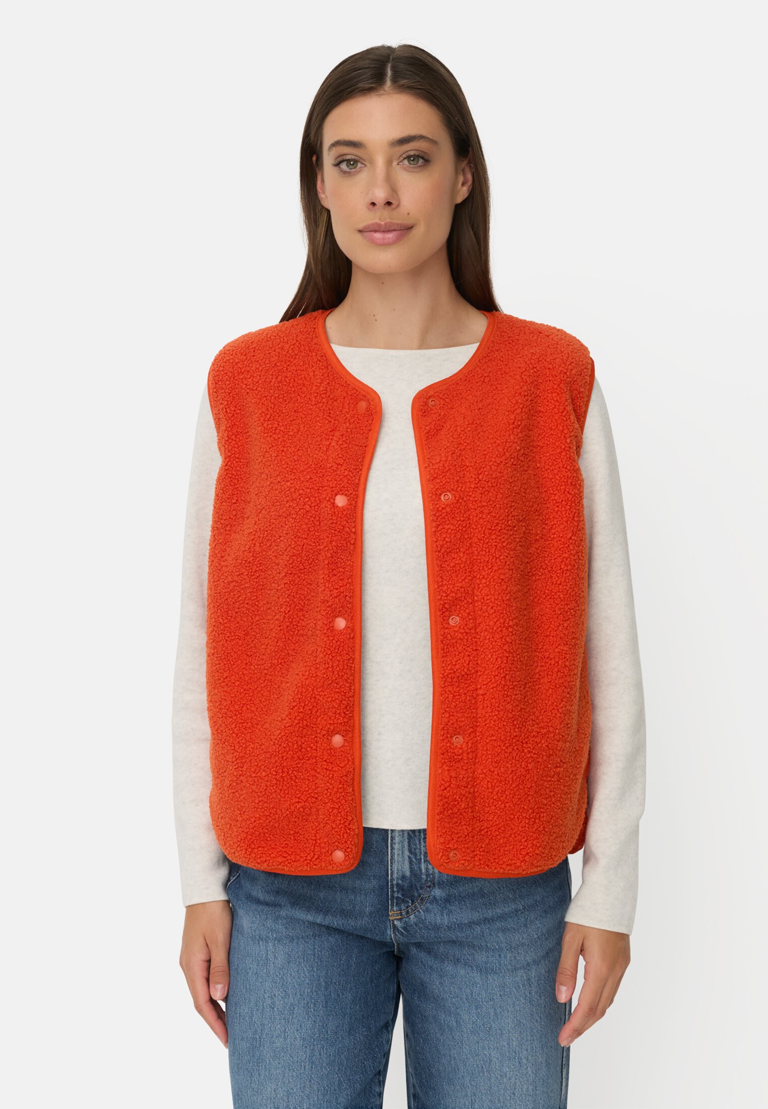 Vrouwen Teddyvest met zij-ingrepen pockets Oranje gedragen voor