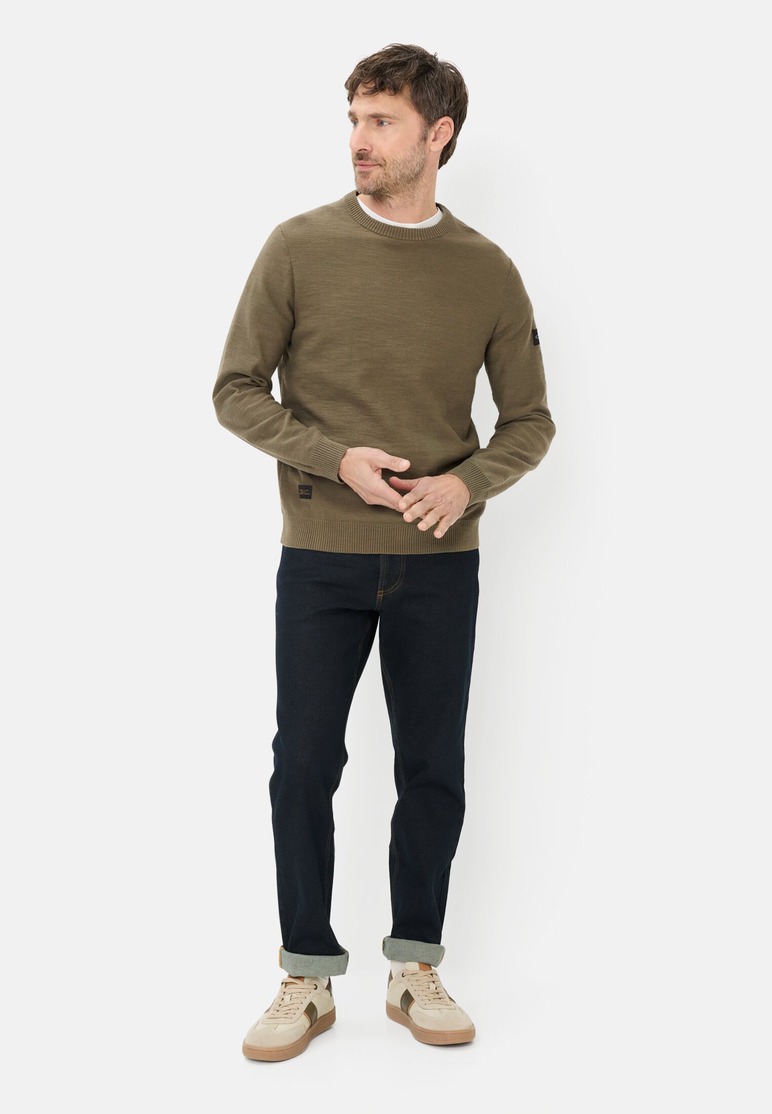 Heren Gebreide trui van puur katoen Olijfgroen gedragen voor lichaam compleet 