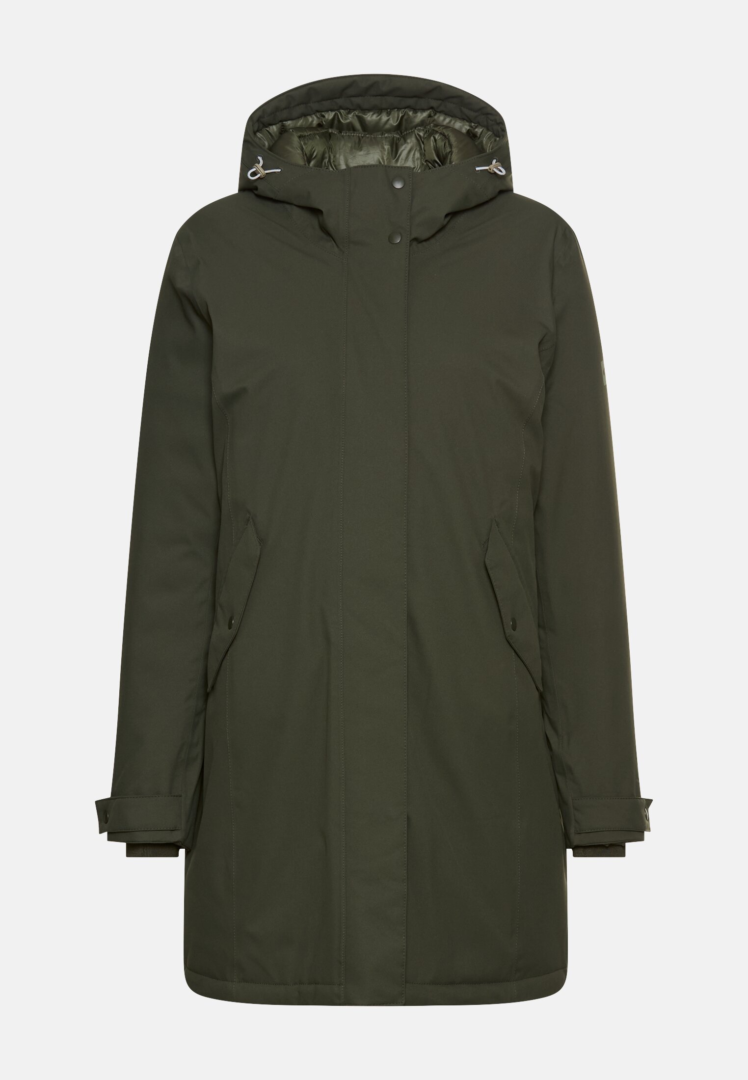 Damen Funktionsparka mit reflektierenden Details Waldgrün frontal vorn