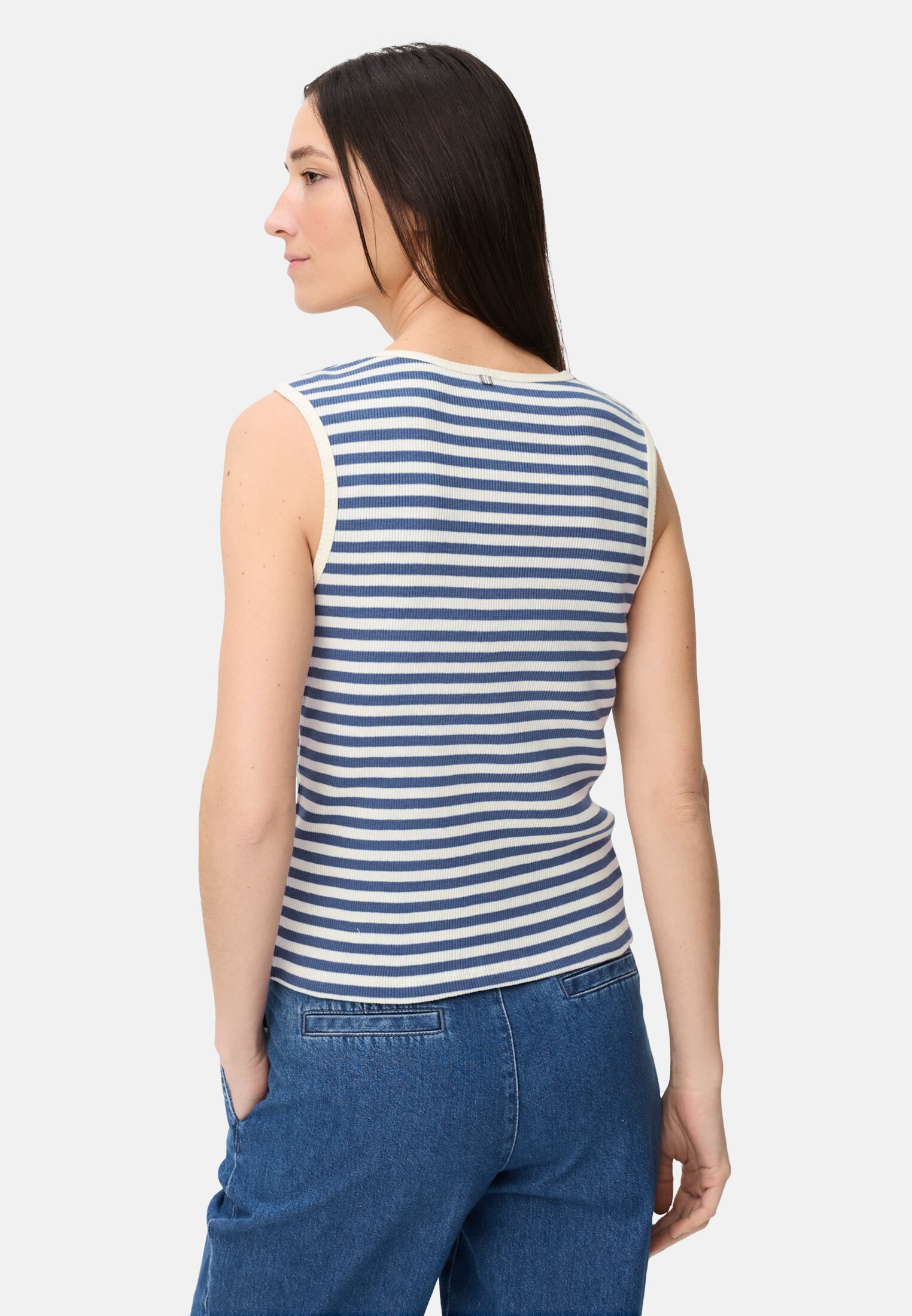 Damen Top mit Rundhalsausschnitt Ozeanblau getragen hinten