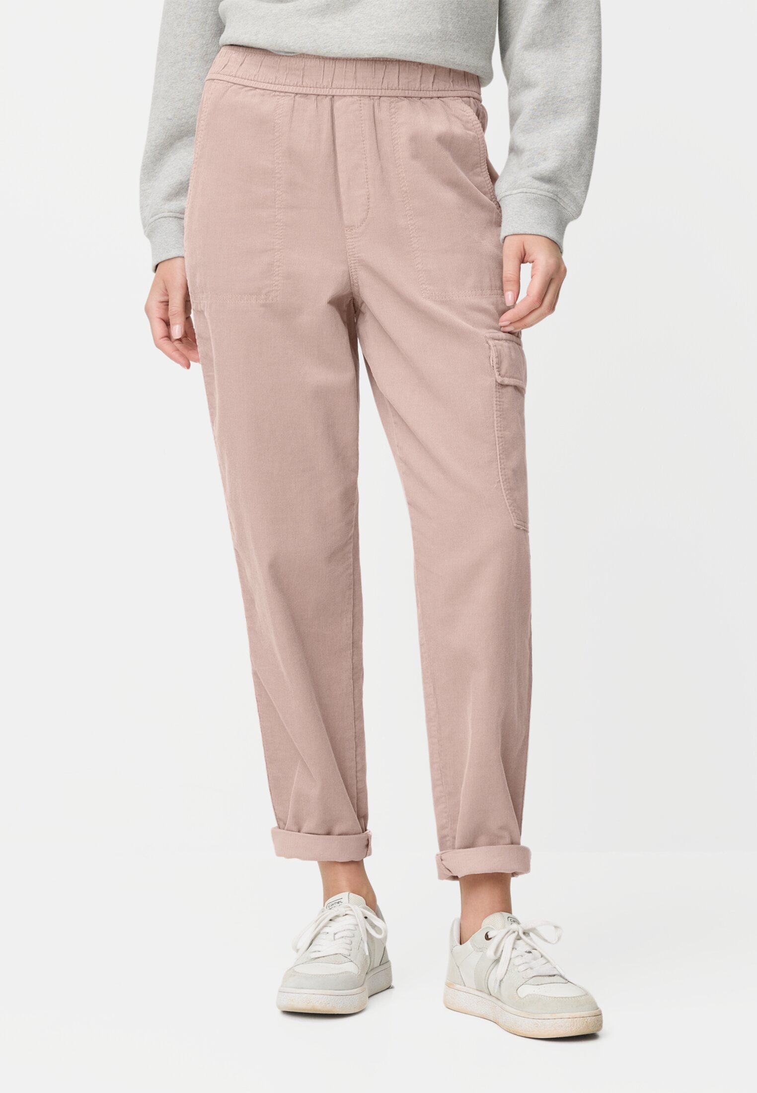 Women Cargo pants made of pure cotton Dark lilac pink worn front