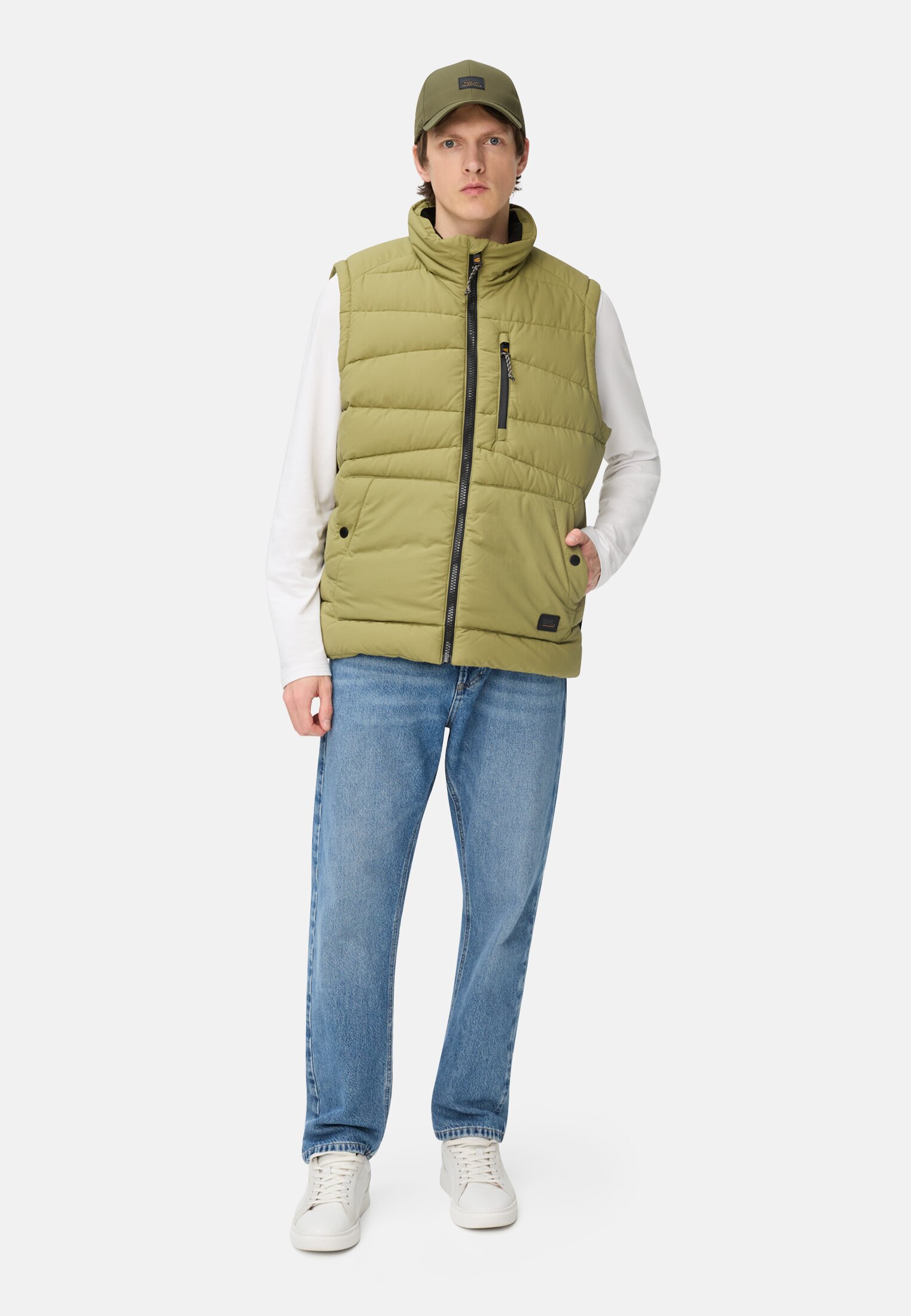 Men Vest with a stand-up collar Moss stone worn front full body