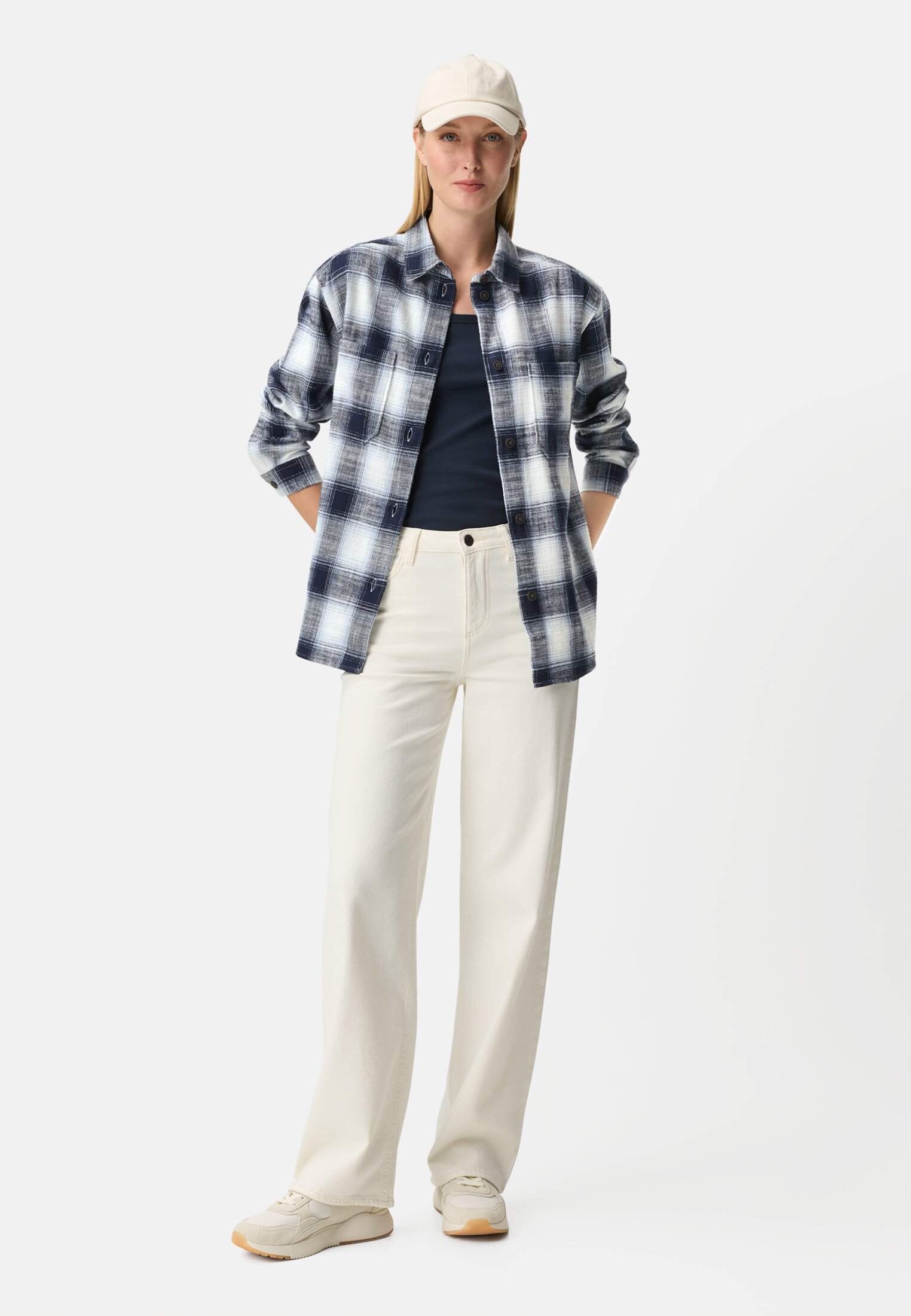 Women Check blouse with breast pocket Dark Blue worn front full body