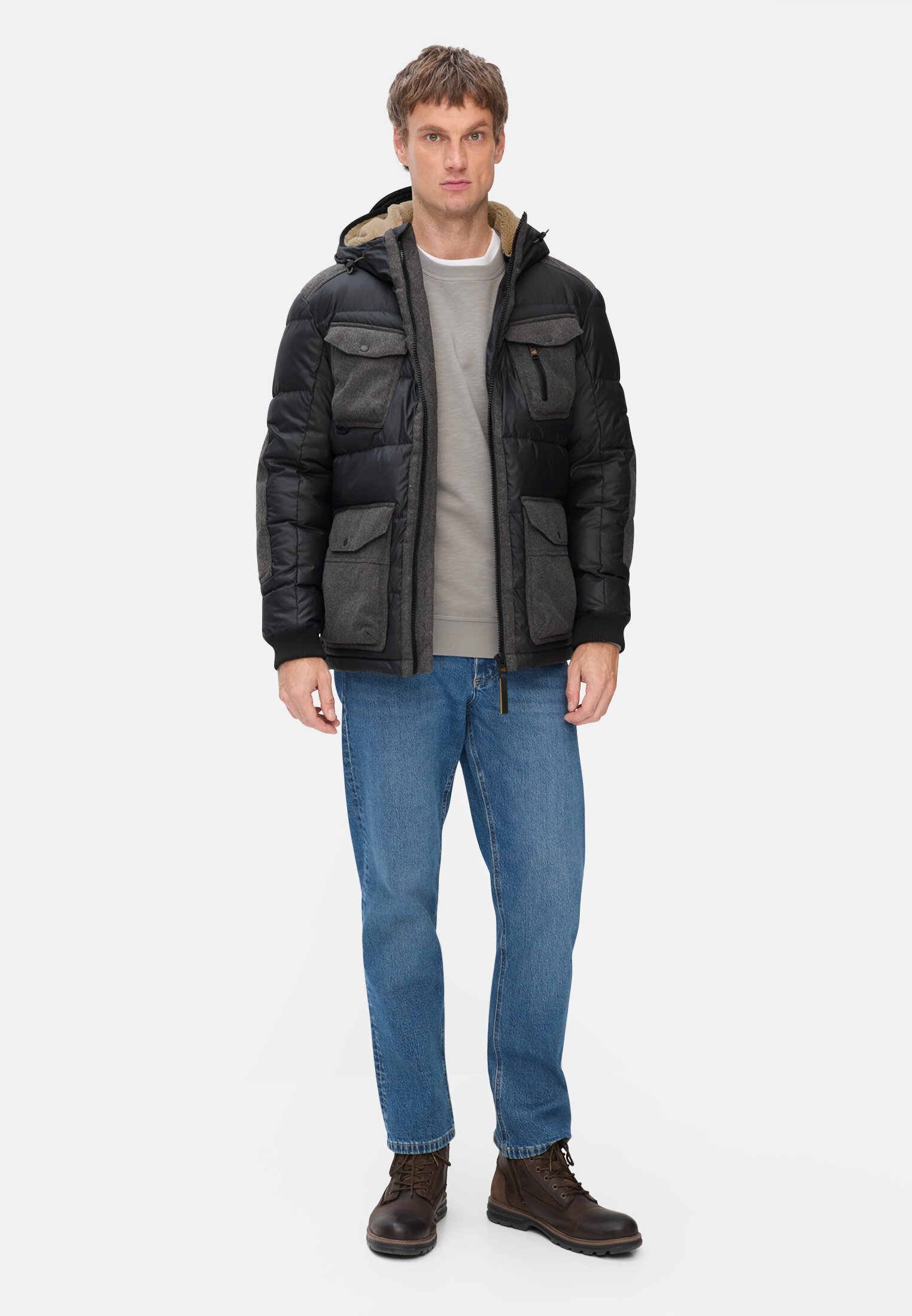 Men Field jacket with removable teddy lining Navy Blue worn front full body