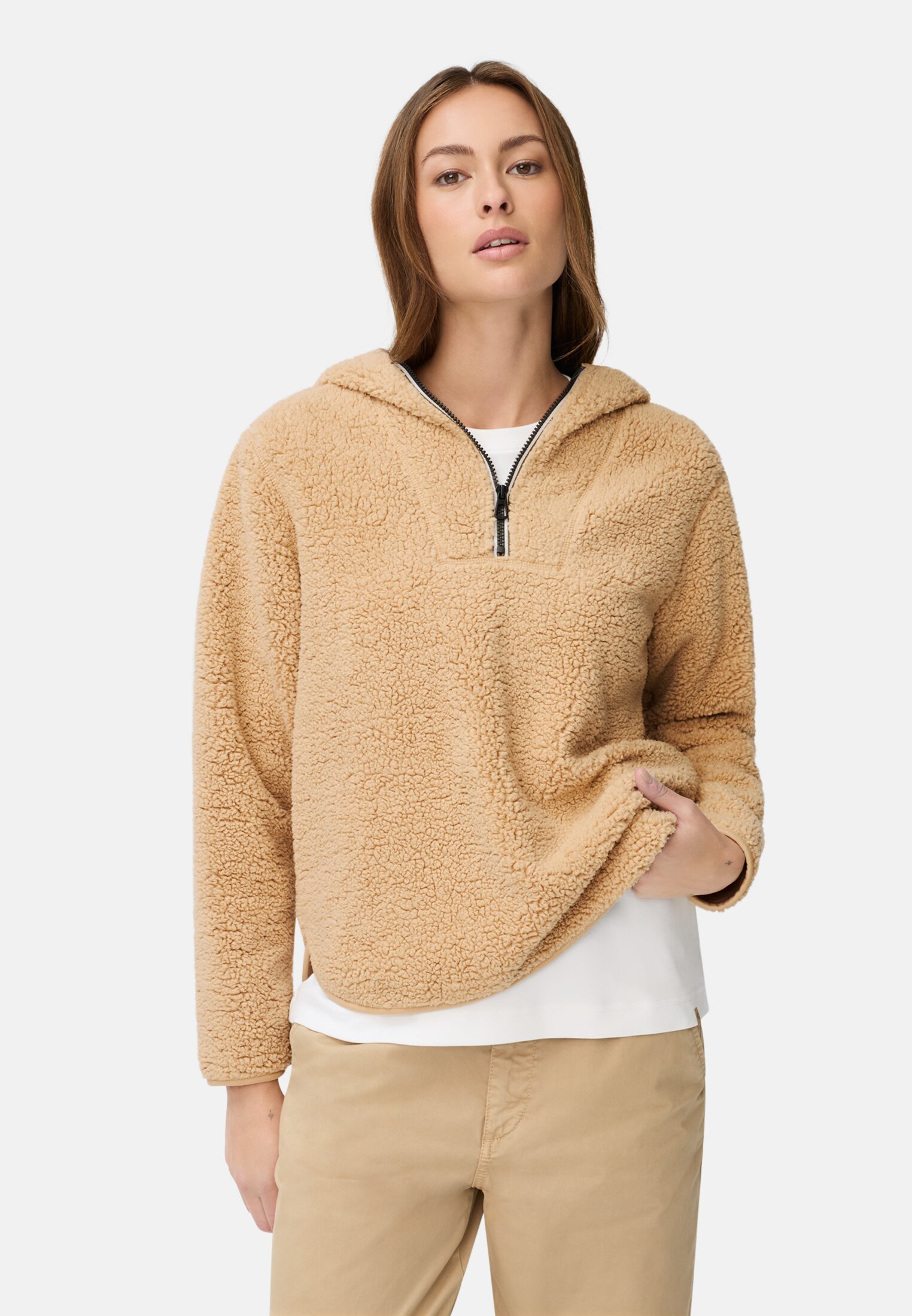 Women Hoodie with half-zip Caramel worn front