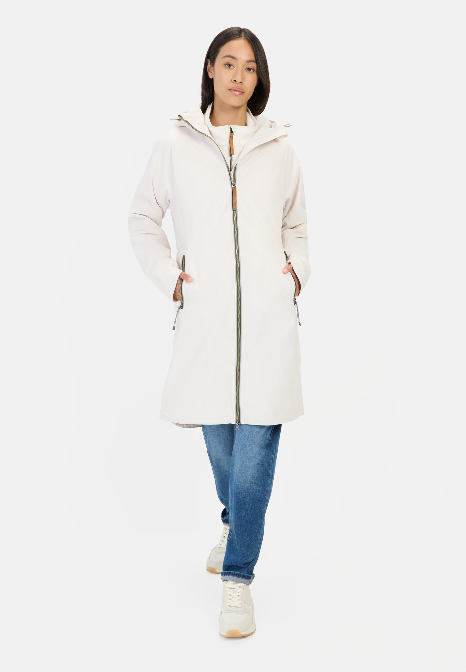 Damen teXXXactive® Funktionsmantel mit Kapuze Perlweiß getragen vorn