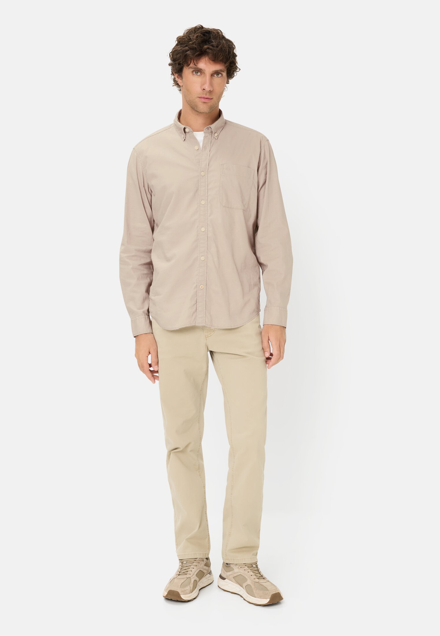 Heren Linnen-katoen mix shirt met lange mouwen Beige gedragen voor lichaam compleet 