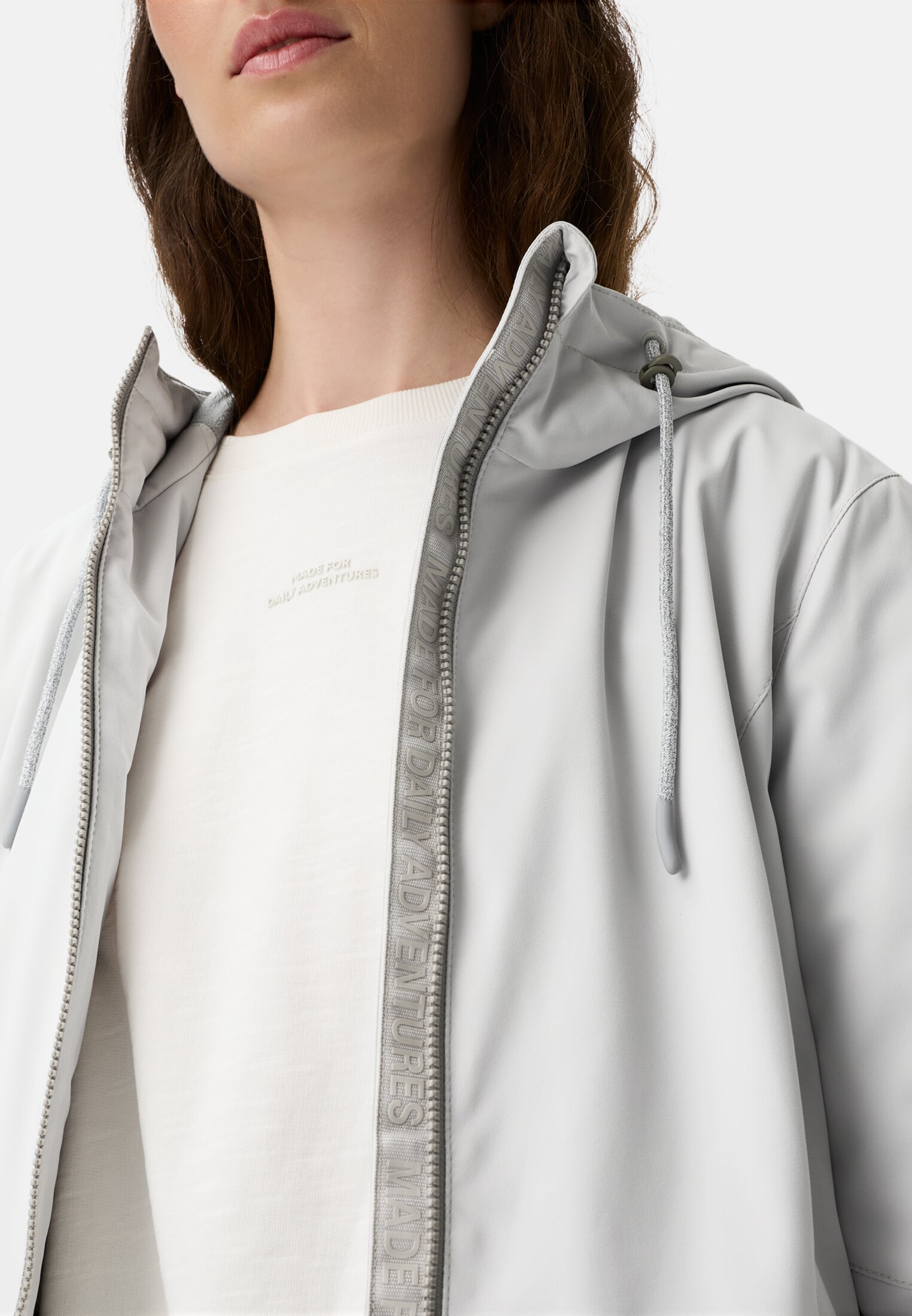 Women Functional jacket with adjustable hood Silver worn detail close