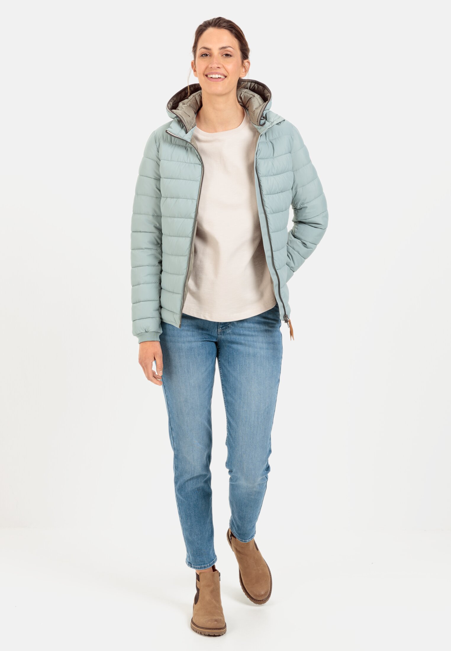 Women Quilted jacket with detachable hood Green Grey worn front full body