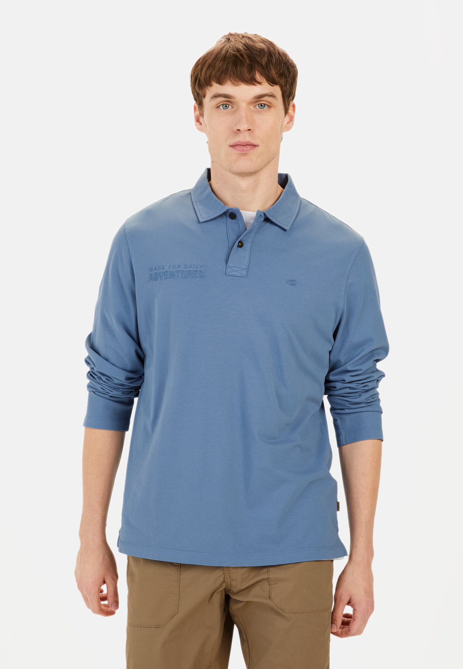Men Long-sleeved polo shirt made of pure cotton Elemental Blue worn front